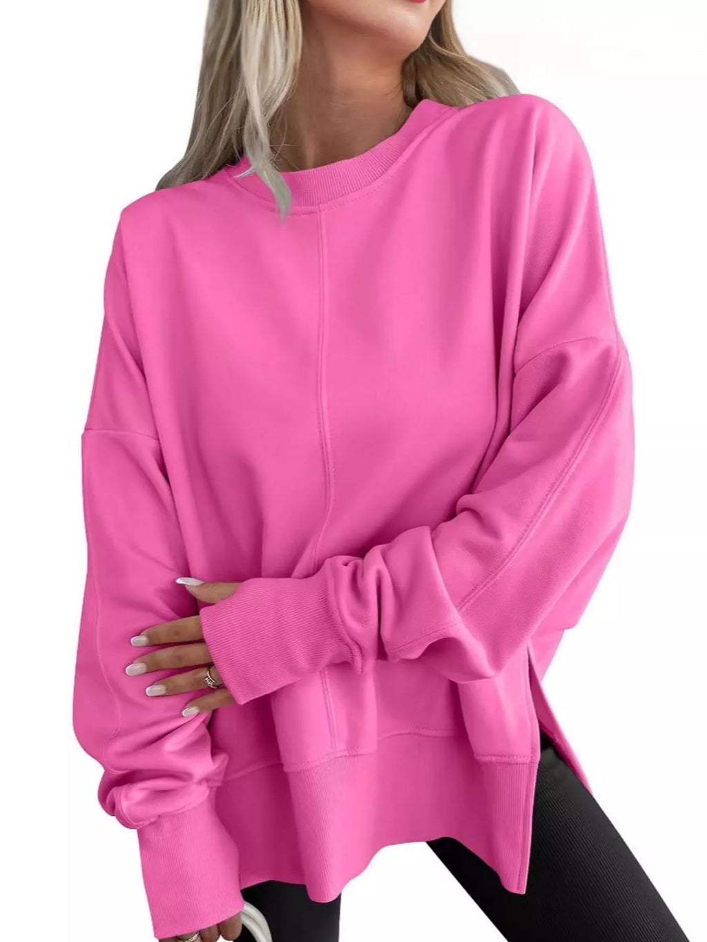 Oversized Crew Neck Sweatshirt with Side Slit