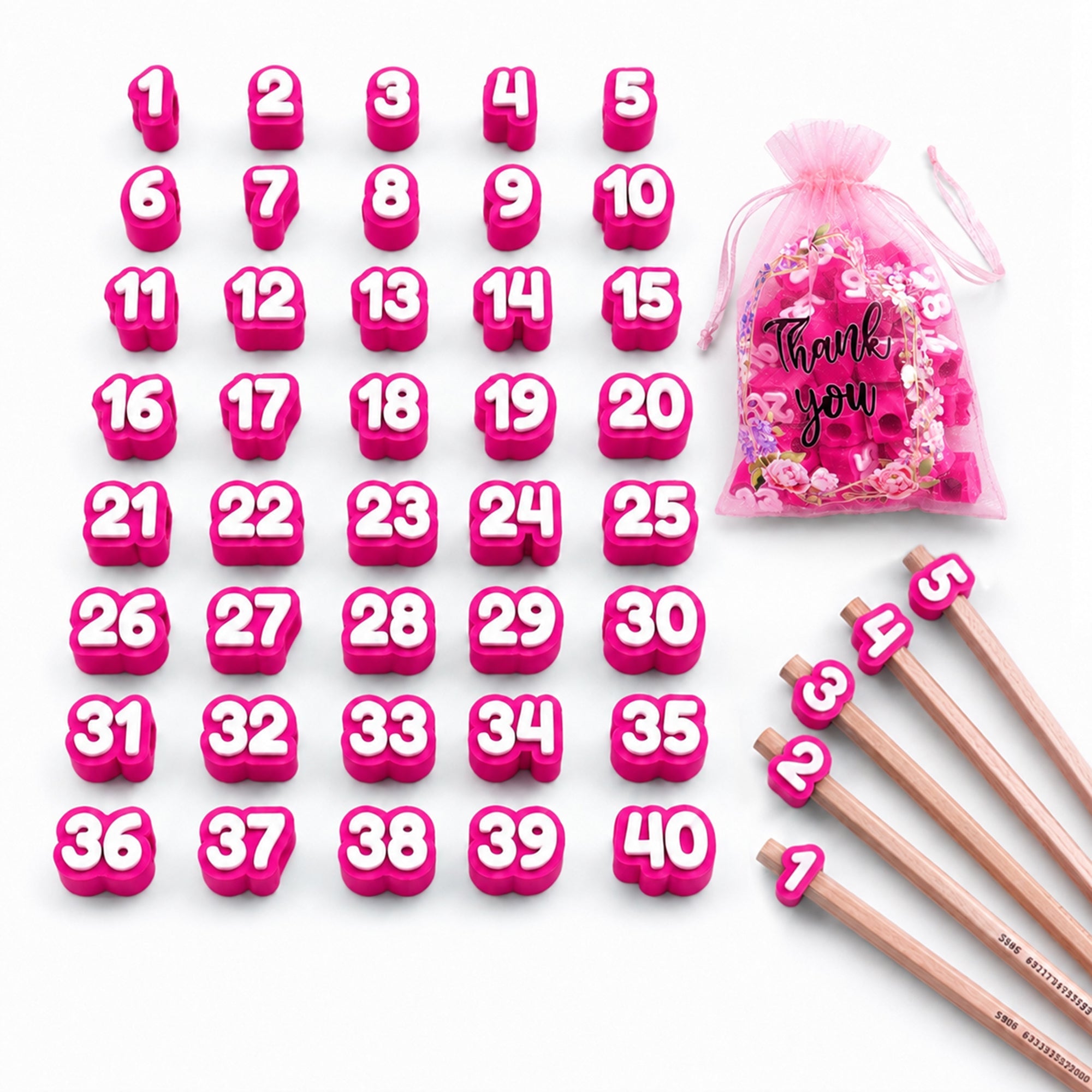 40PCS Numbered Pencil Toppers, 1-40 Reusable 3D Printed Pencil Number Caps, Side-Entry Pencil Labels For Classroom Organization, Teachers, Students & Homeschool