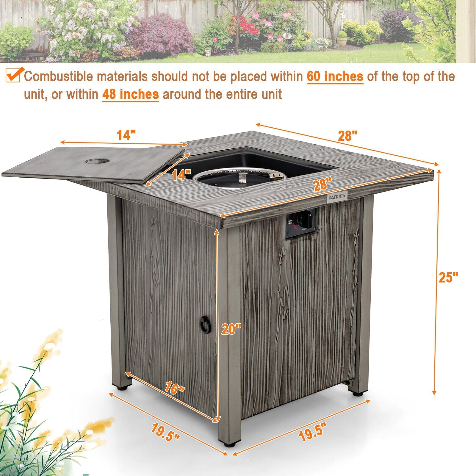 28 Inch 40 000 BTU Square Fire Pit Table with Lid and Lava Rocks-Gray