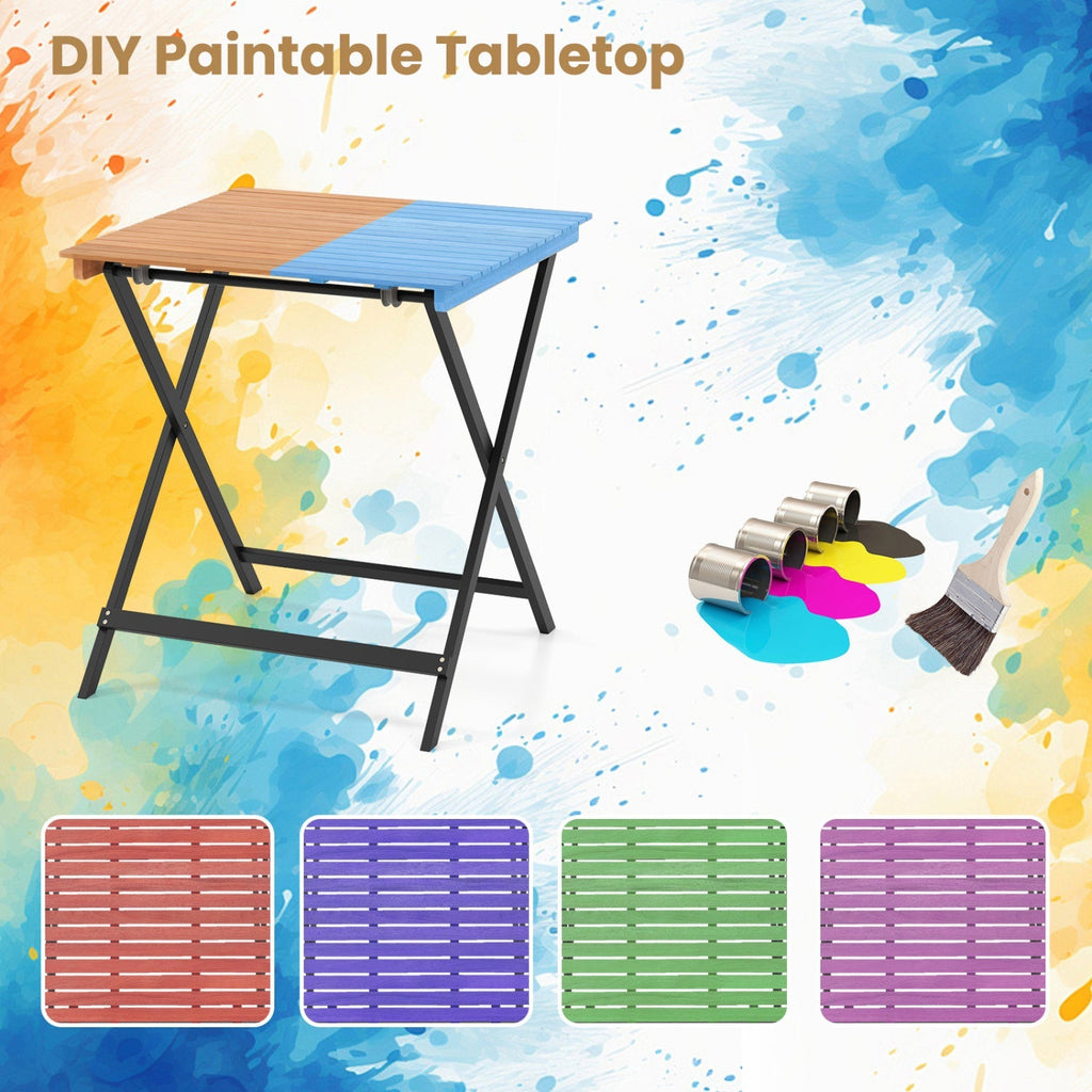 28 Inch Patio Folding Square Table with Slatted Tabletop for Backyard Porch