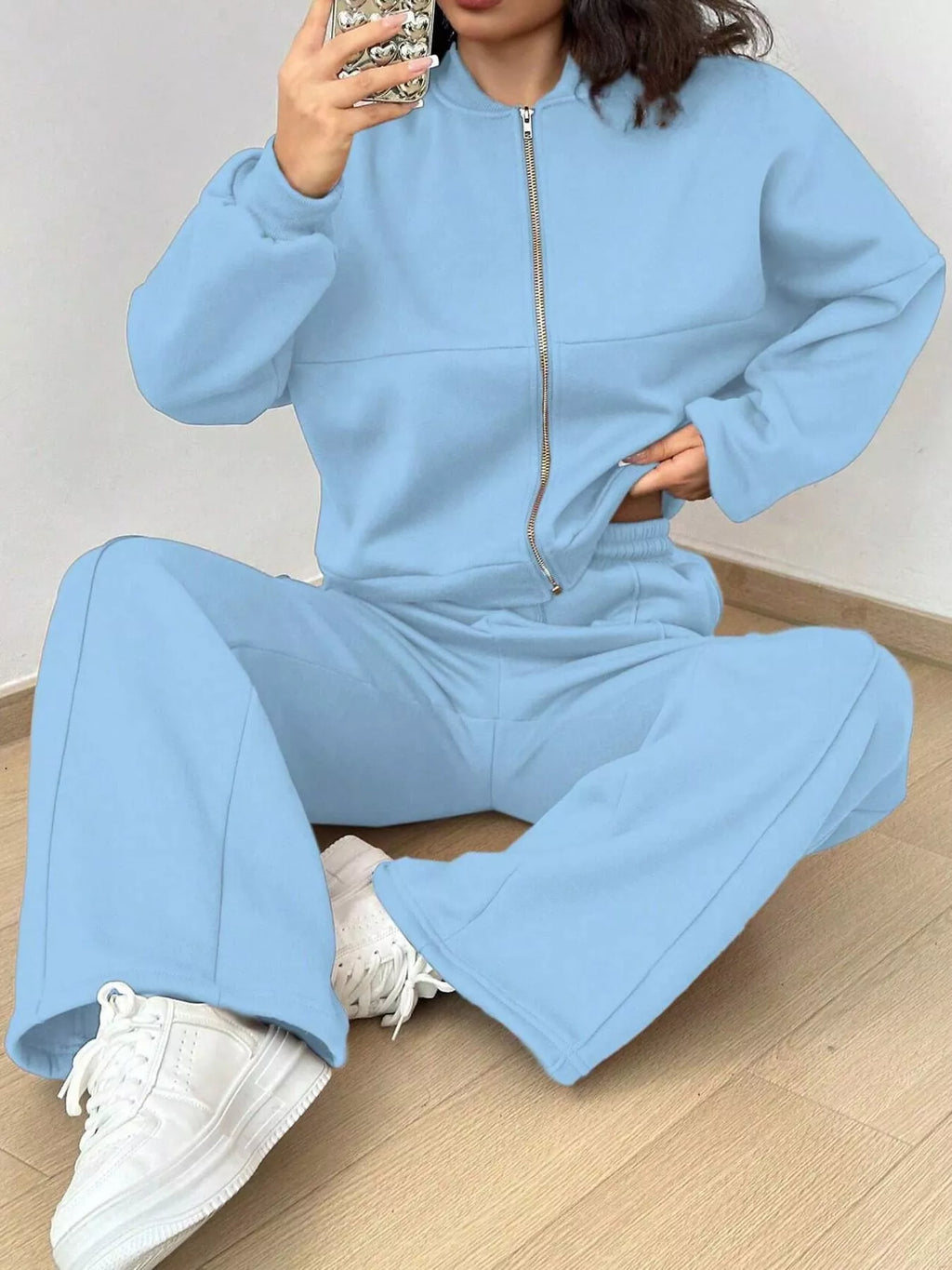 Casual Zip-Up Jacket and Wide-Leg Sweatpants Set