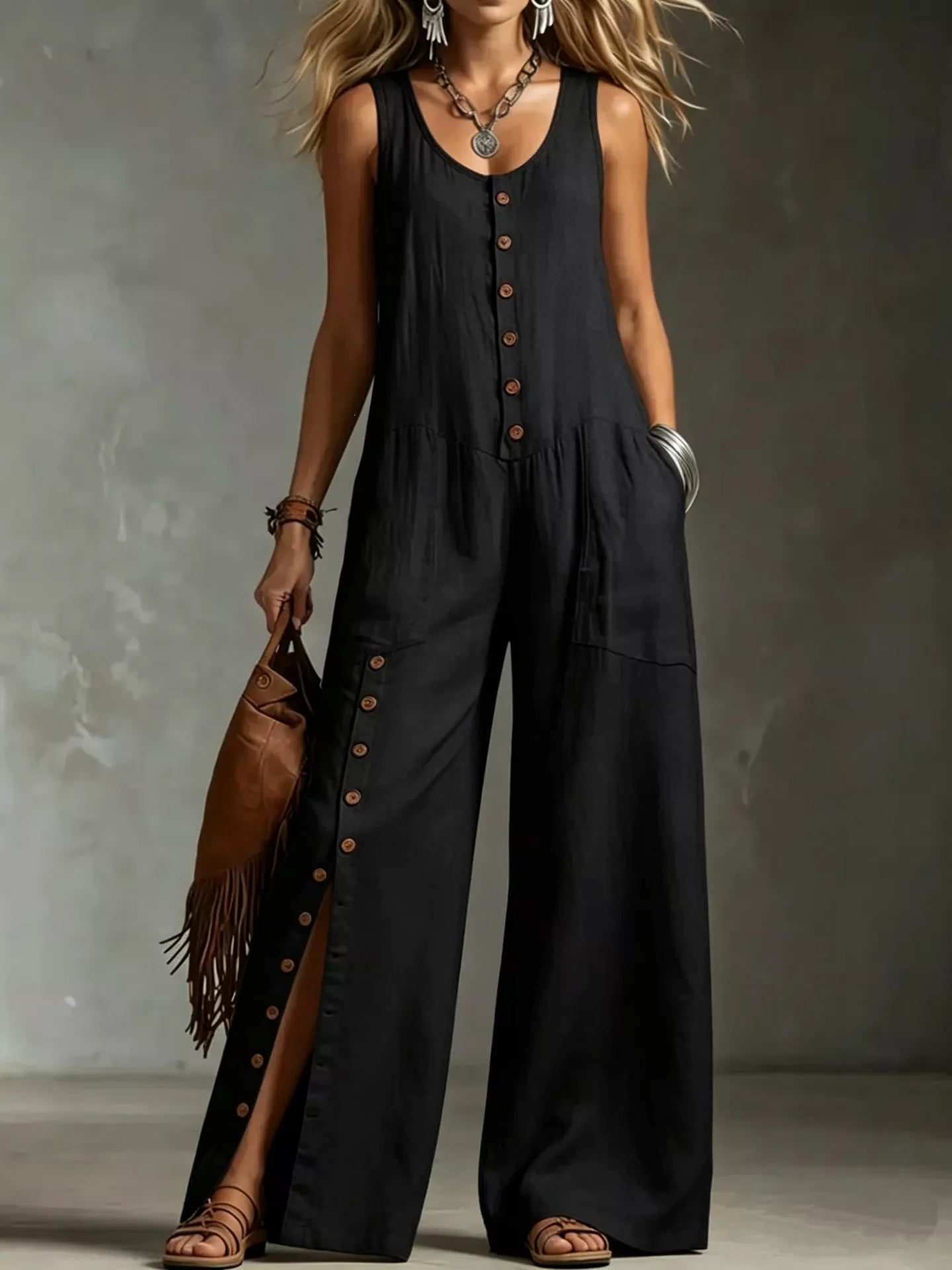 Full Size Sleeveless Button Front Wide Leg Jumpsuit Plus Size