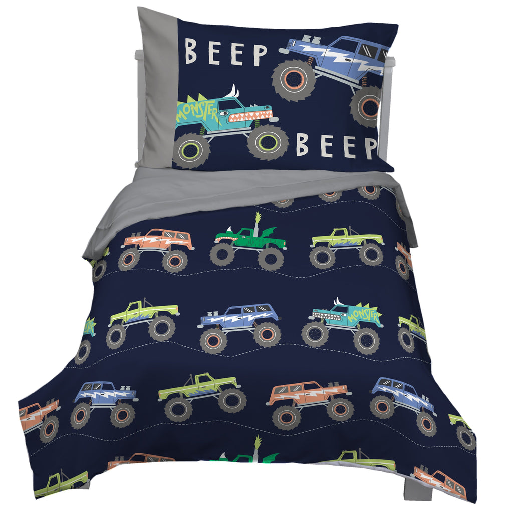 Carter's Monster Truck 4 Piece Toddler Bed Set - Comforter, Fitted Bottom Sheet, Flat Top Sheet, Standard Pillowcase, Navy and Grey