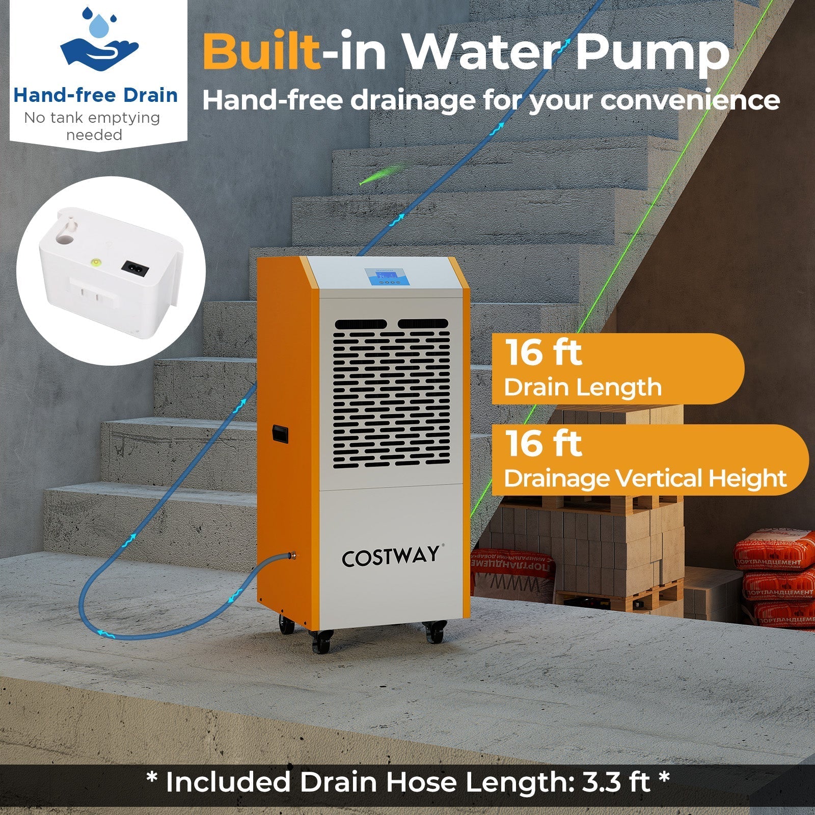 290 Pints Commercial Dehumidifier with Pump and Drain Hose for Basement Warehouse-Yellow