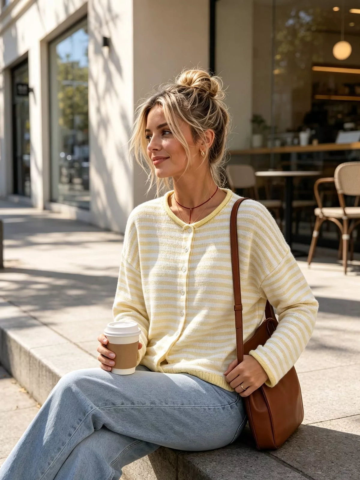 Striped Button-Down Knit Cardigan