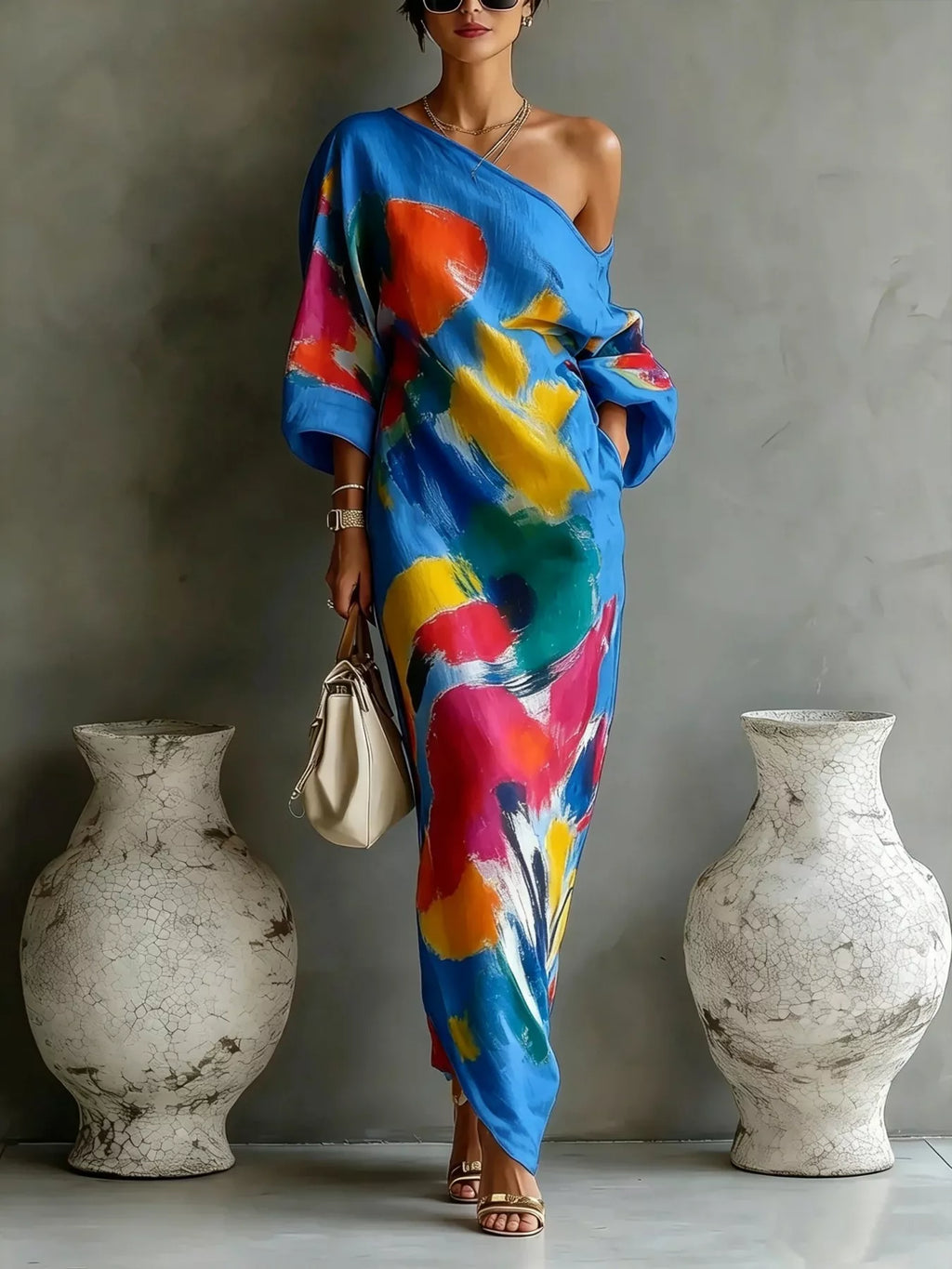 Full Size One-Shoulder Abstract Print Loose Fit Maxi Dress Plus Size