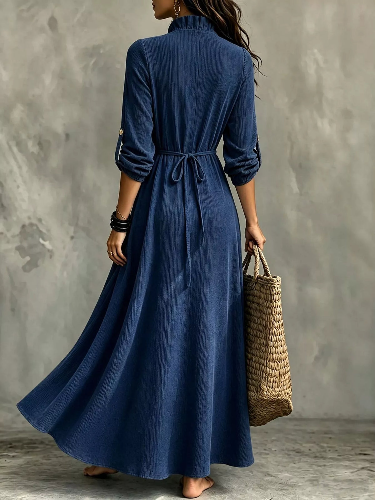 Full Size V-Neck Maxi Dress with Roll-Up Sleeves Plus Size