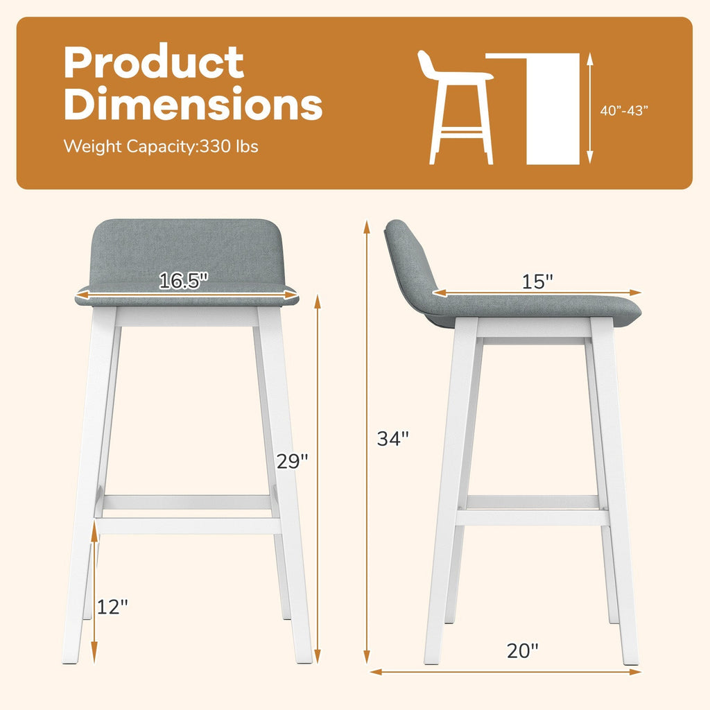 29 Inch Low-Back High-Top Chairs with Padded Seat and Rubber Wood Legs