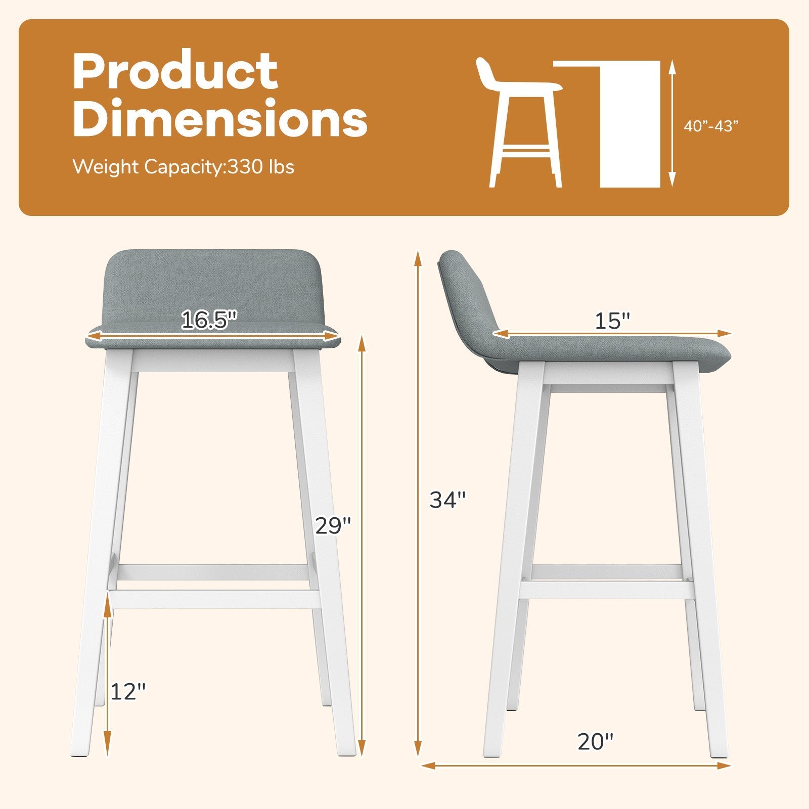 29 Inch Low-Back High-Top Chairs with Padded Seat and Rubber Wood Legs