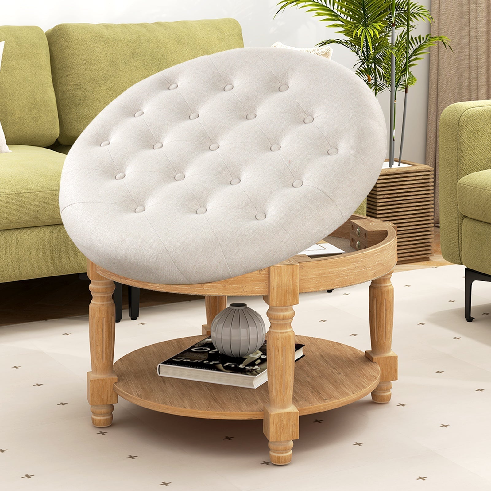 29 Inch Large Round Ottoman Coffee Table 2-Tier Upholstered Tufted Footrest Ottoman with Flip-up Top-Beige