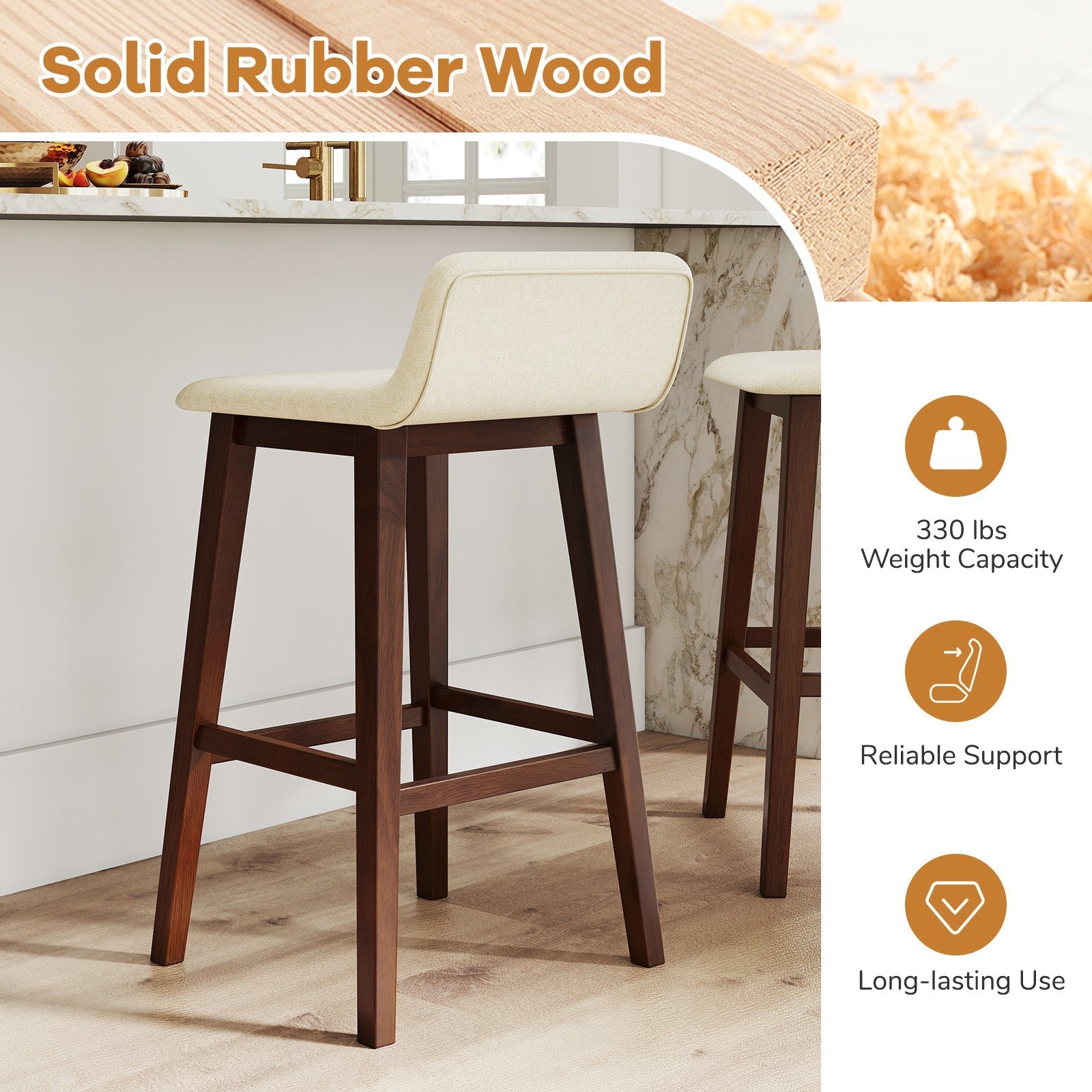 29 Inch Low-Back High-Top Chairs with Padded Seat and Rubber Wood Legs