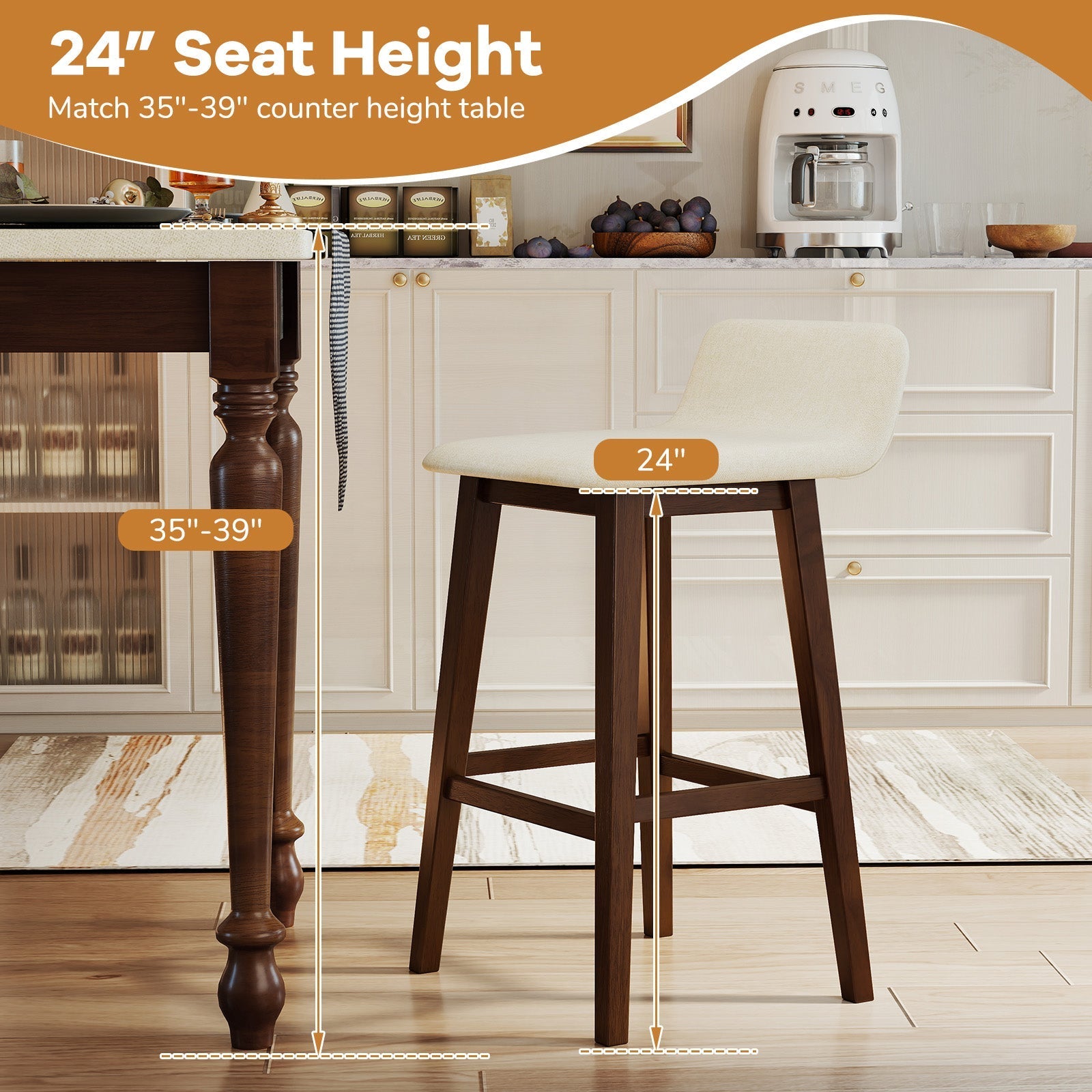 29 Inch Low-Back High-Top Chairs with Padded Seat and Rubber Wood Legs