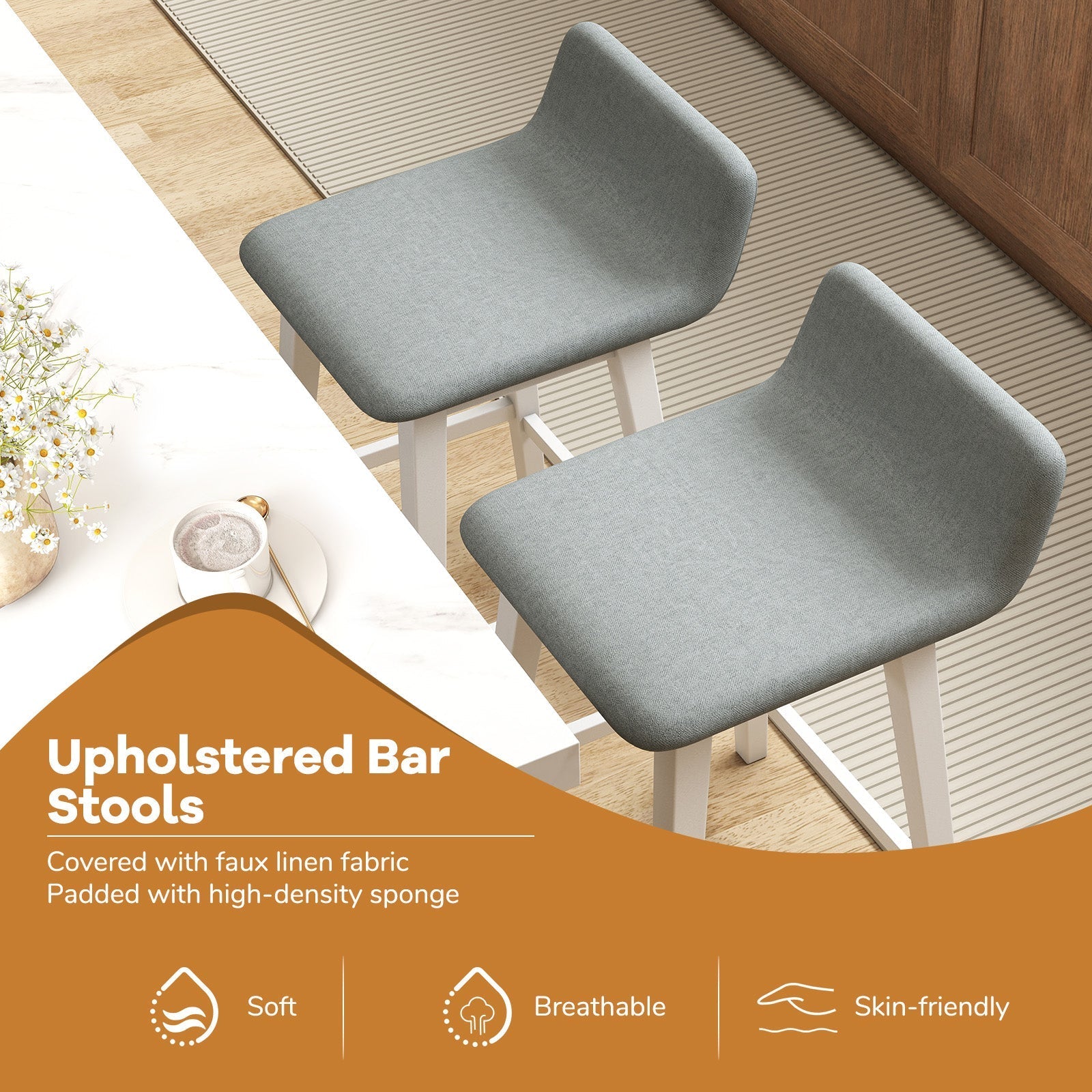 29 Inch Low-Back High-Top Chairs with Padded Seat and Rubber Wood Legs