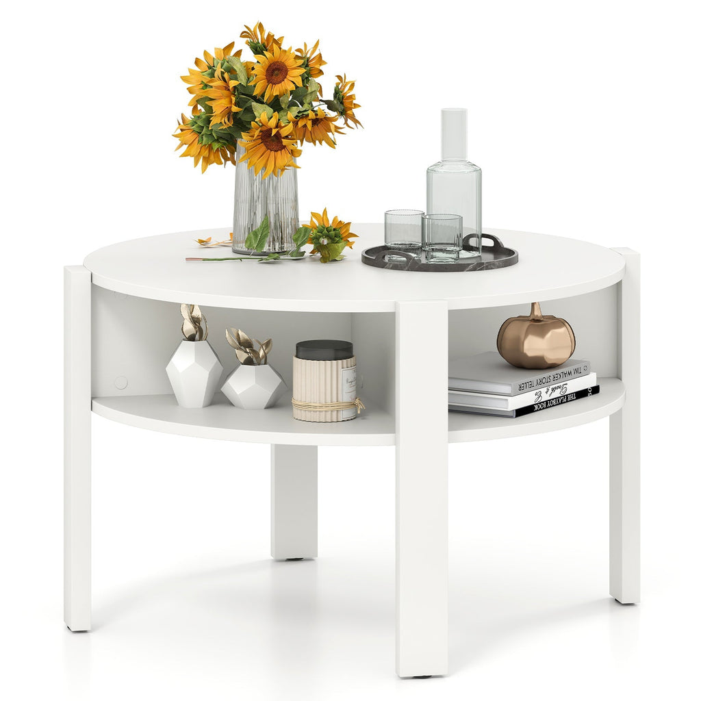 29.5 Inch Round Coffee Table with Storage Shelves for Small Space