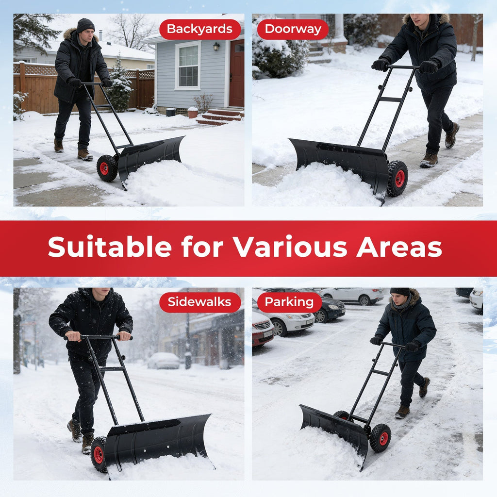 29 Inch Snow Pusher Heavy Duty Metal Shovel with Wheels and Adjustable Handle-Black