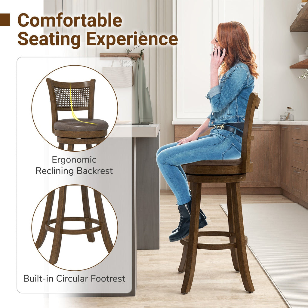29 Inches Swivel Counter Height Barstool Set of 2 with Rattan Backrest and Footrest-Brown