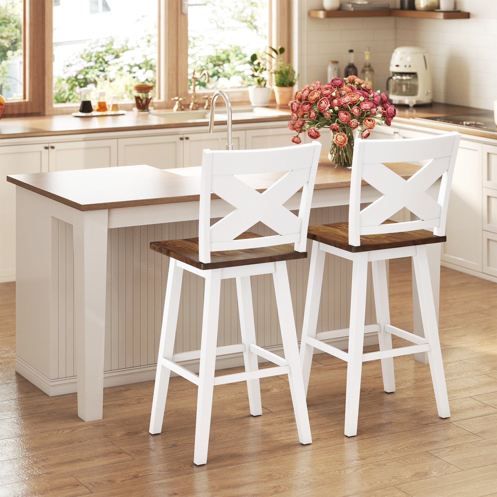 29" Rubberwood Swivel Barstools Set of 2 with Backrest and Large Seat