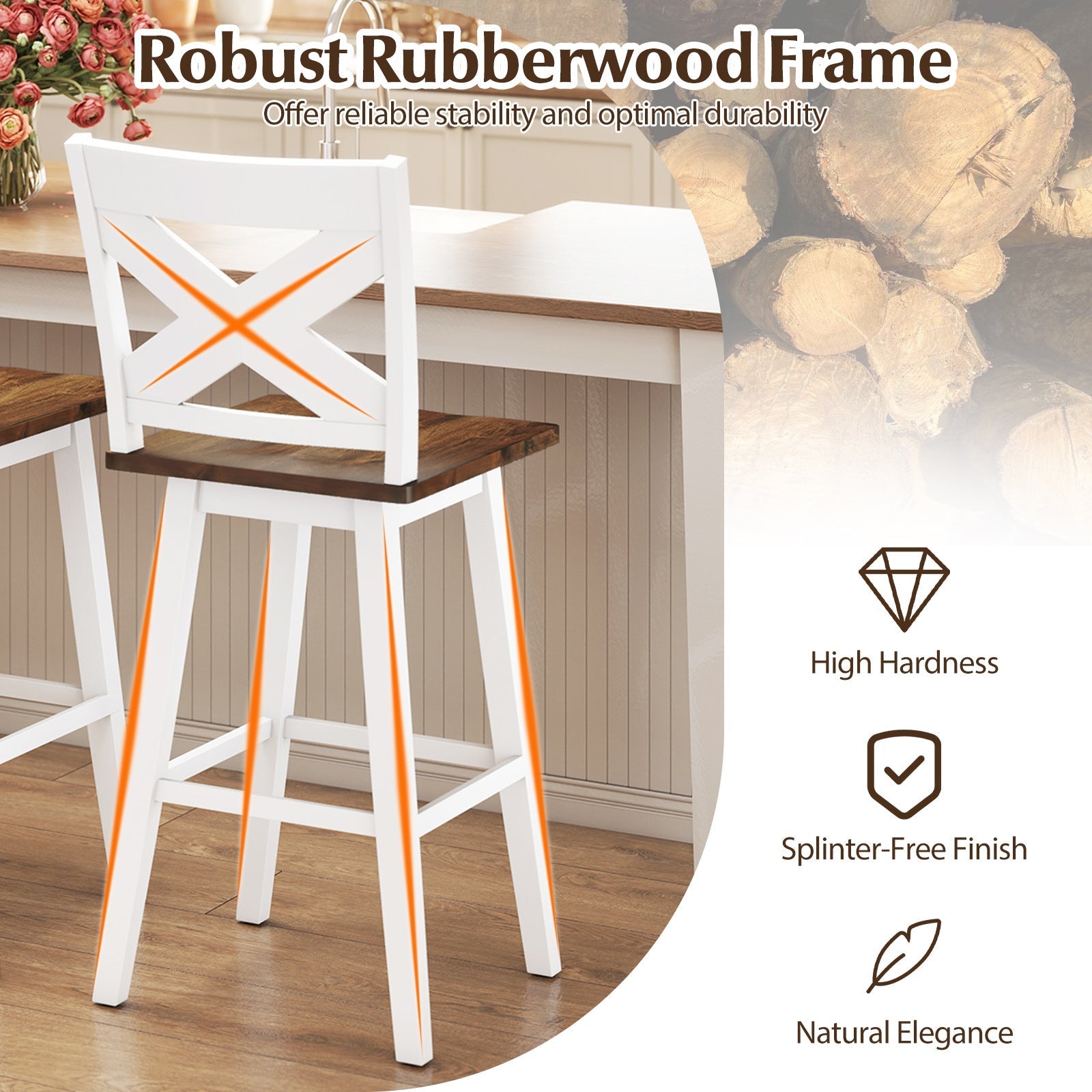 29" Rubberwood Swivel Barstools Set of 2 with Backrest and Large Seat