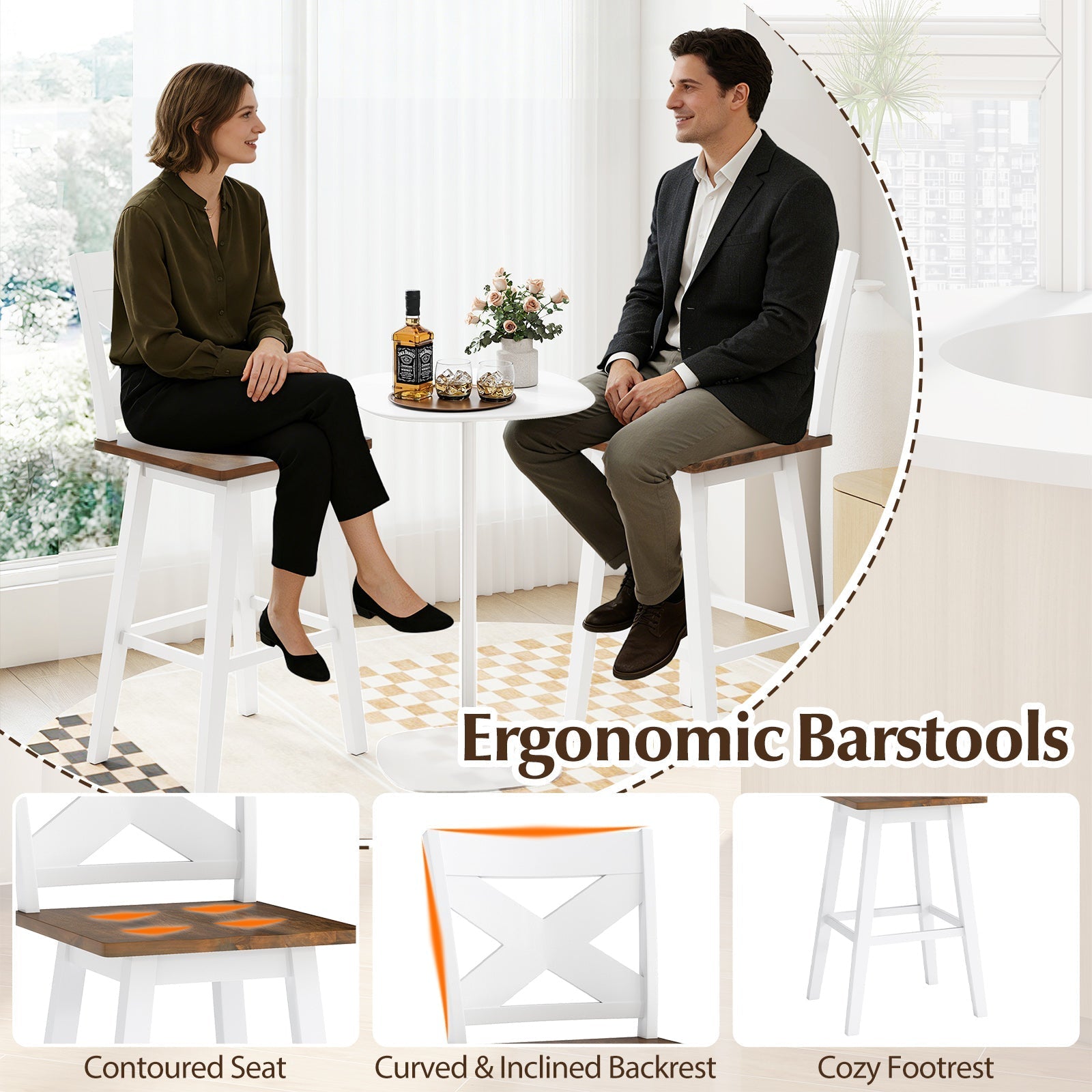 29" Rubberwood Swivel Barstools Set of 2 with Backrest and Large Seat