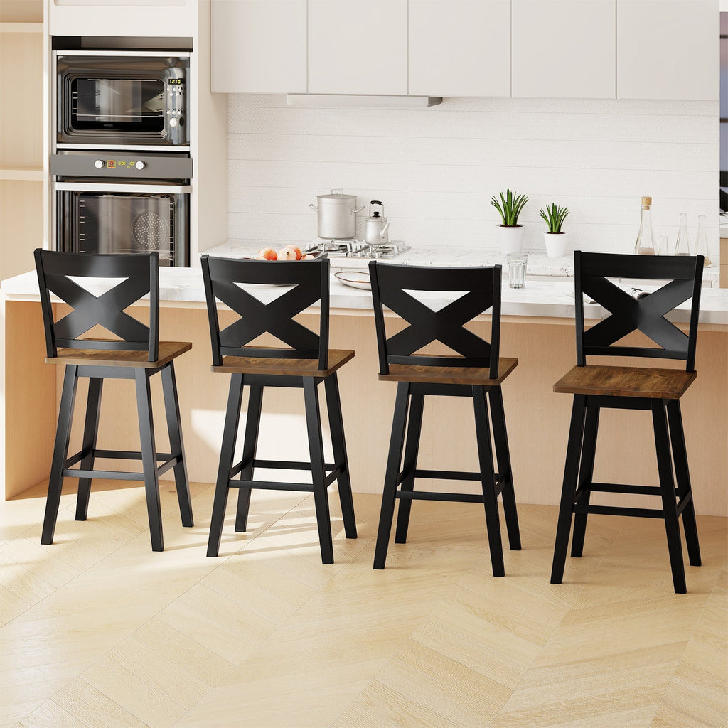 29" Rubberwood Swivel Barstools Set of 4 with Backrest and Large Seat