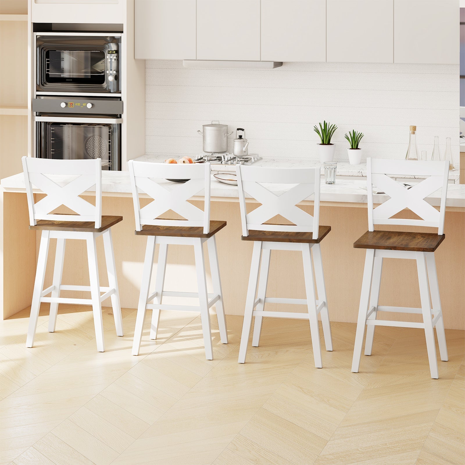 29" Rubberwood Swivel Barstools Set of 4 with Backrest and Large Seat