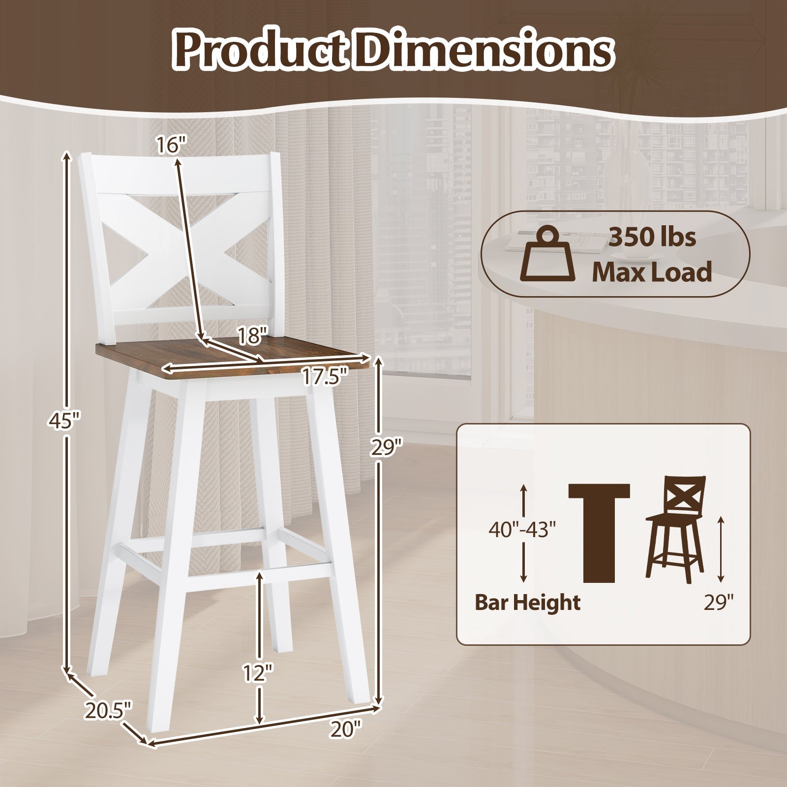 29" Rubberwood Swivel Barstools Set of 2 with Backrest and Large Seat