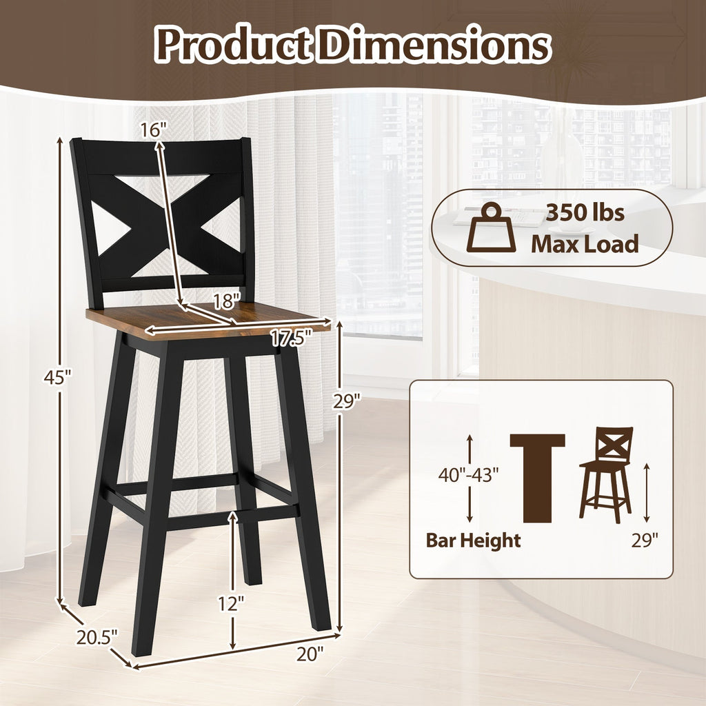 29" Rubberwood Swivel Barstools Set of 4 with Backrest and Large Seat