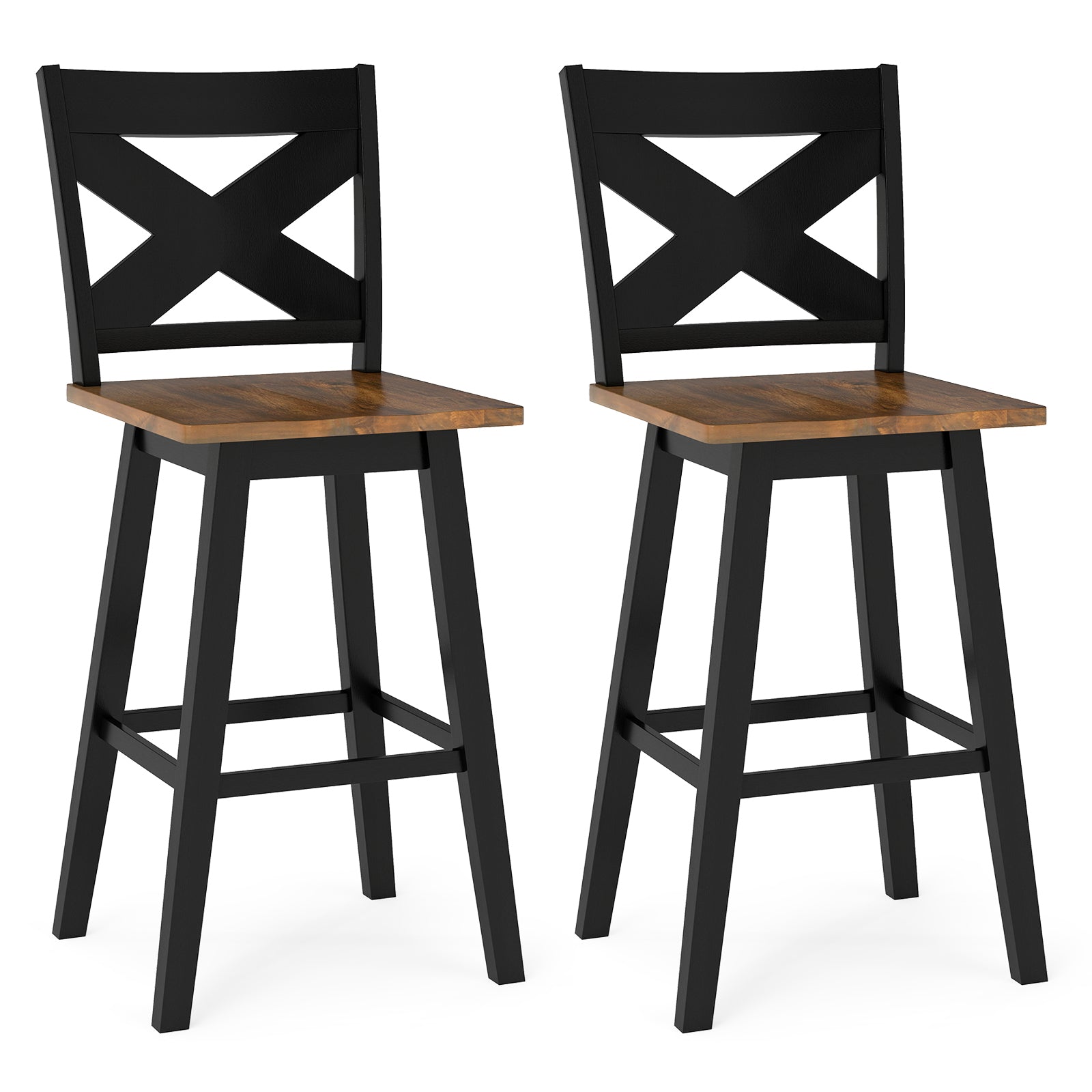 29" Rubberwood Swivel Barstools Set of 2 with Backrest and Large Seat