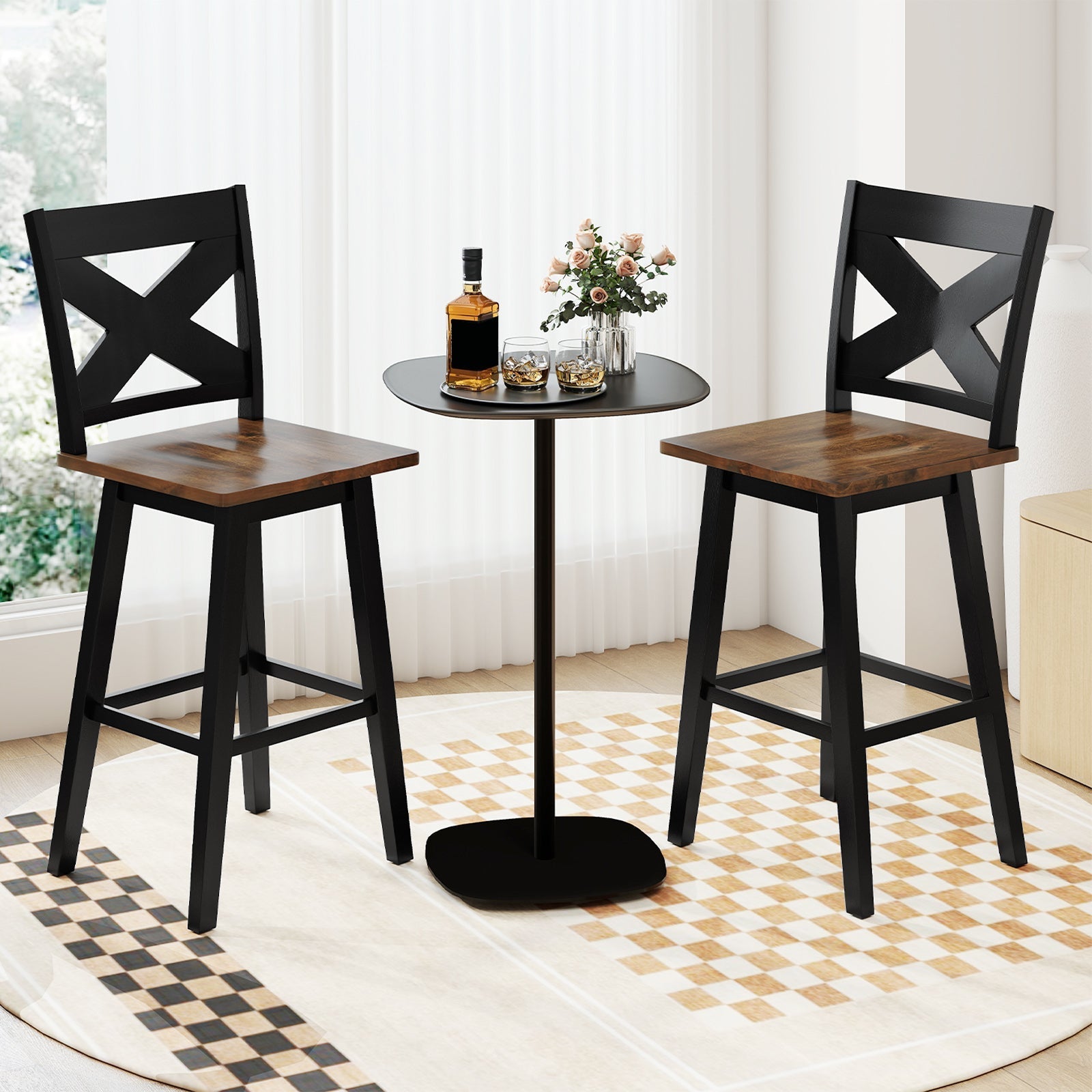 29" Rubberwood Swivel Barstools Set of 2 with Backrest and Large Seat