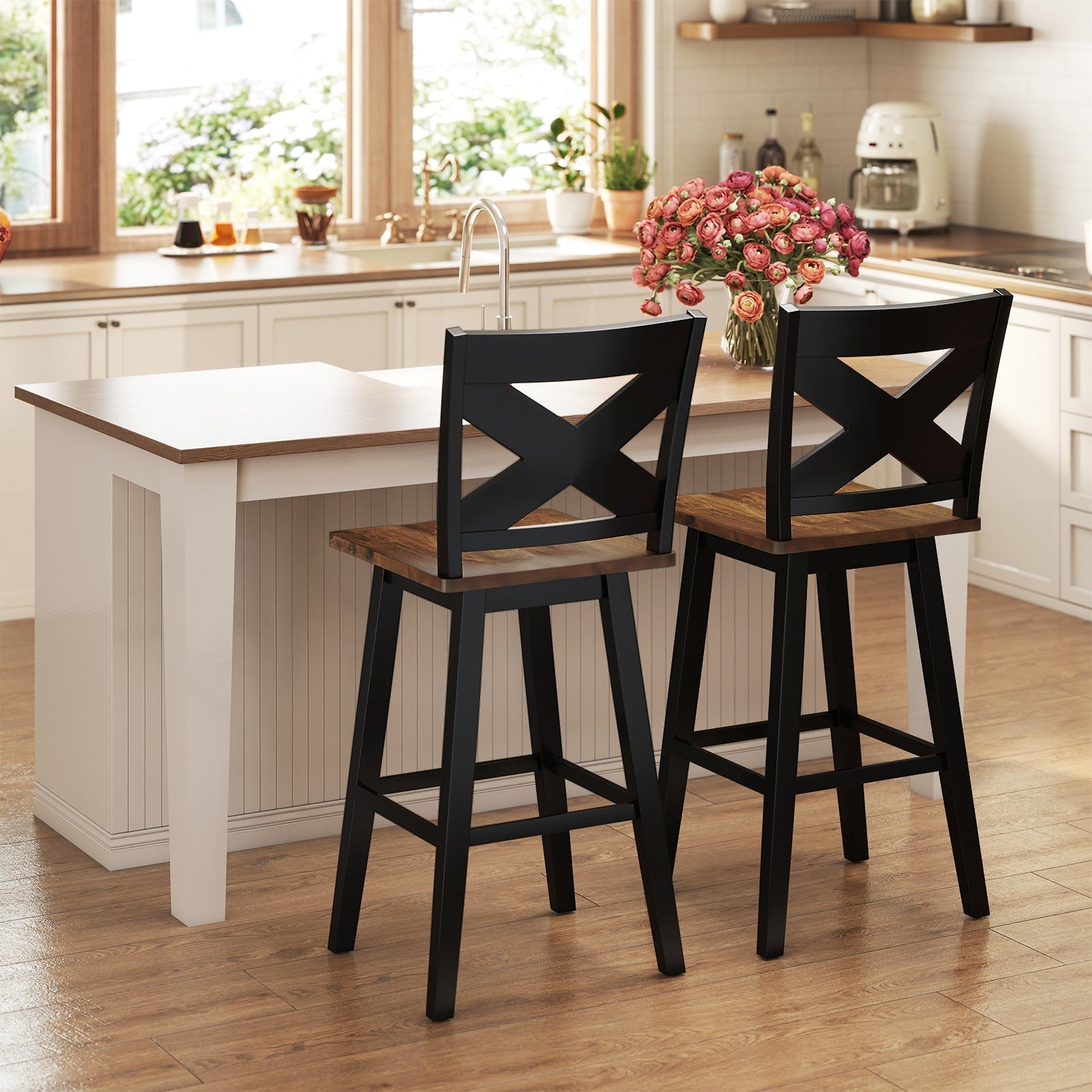 29" Rubberwood Swivel Barstools Set of 2 with Backrest and Large Seat