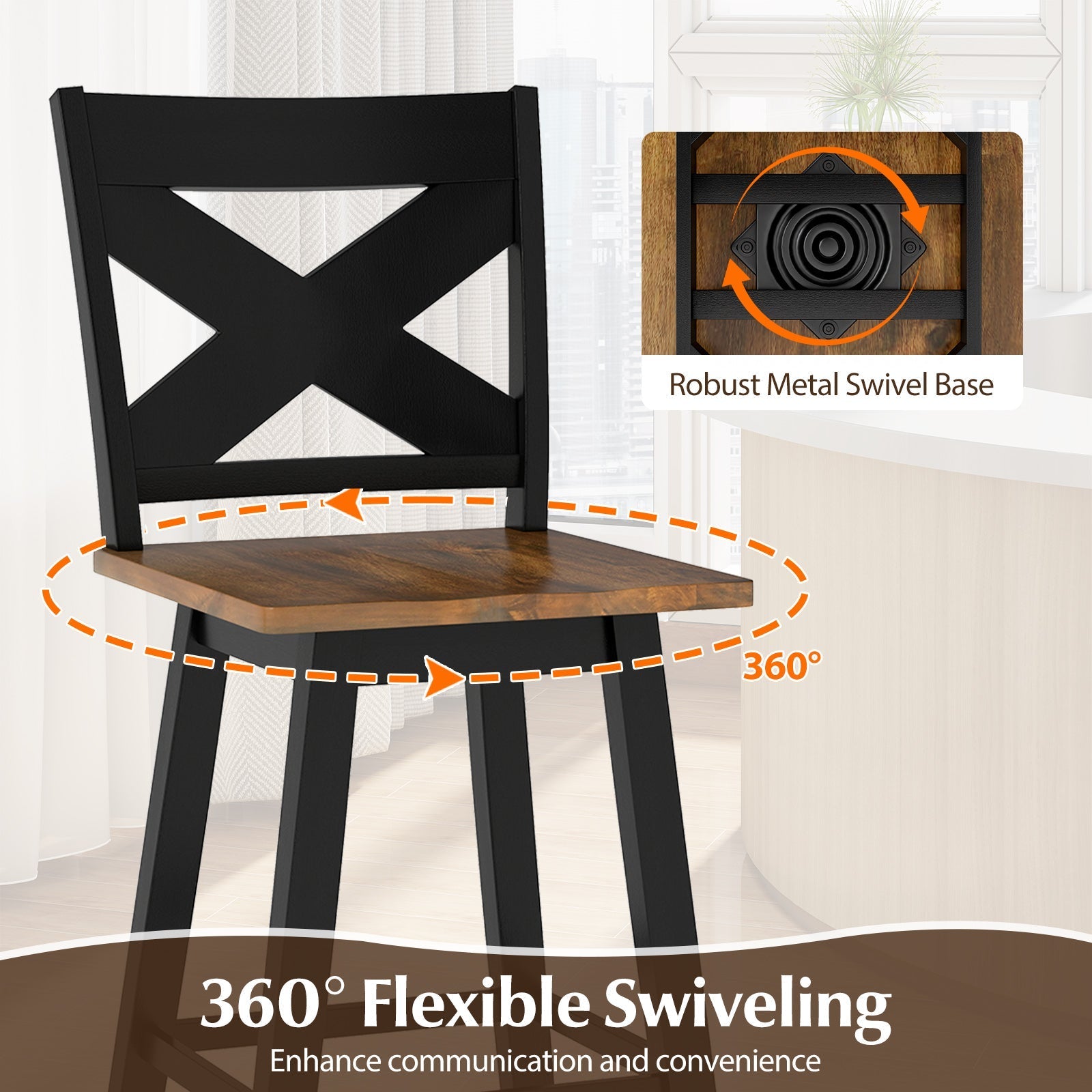 29" Rubberwood Swivel Barstools Set of 2 with Backrest and Large Seat