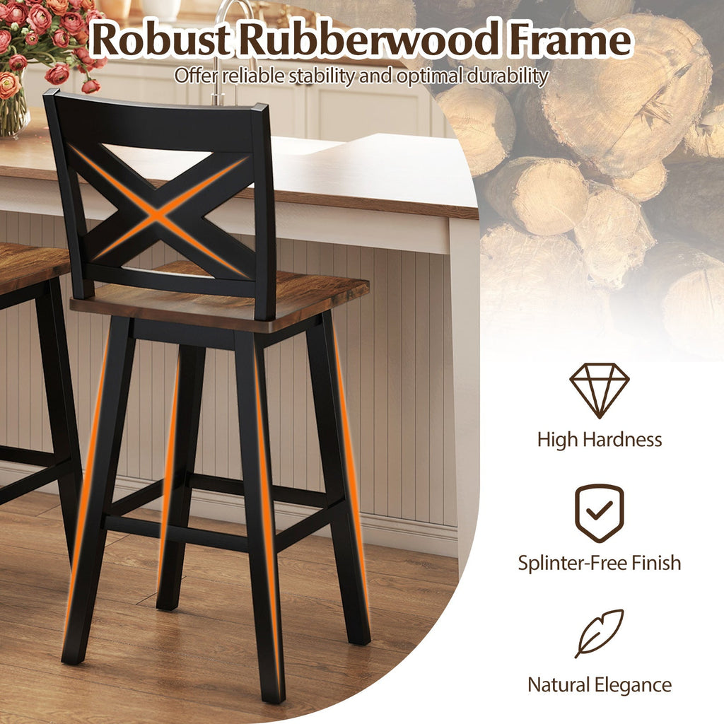 29" Rubberwood Swivel Barstools Set of 2 with Backrest and Large Seat