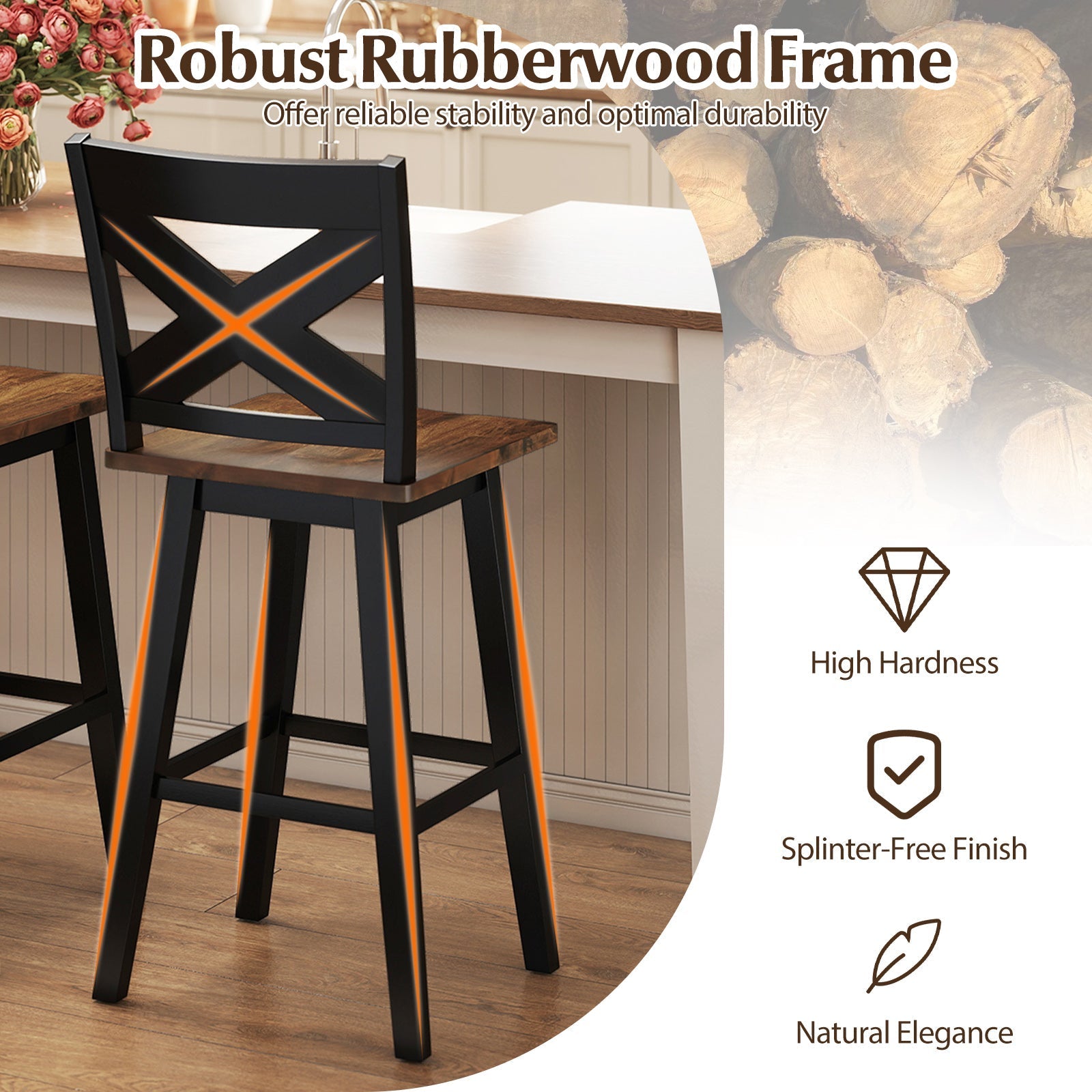 29" Rubberwood Swivel Barstools Set of 2 with Backrest and Large Seat