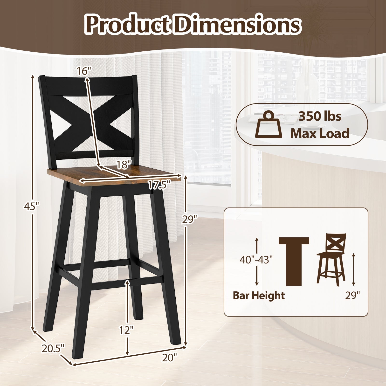 29" Rubberwood Swivel Barstools Set of 2 with Backrest and Large Seat
