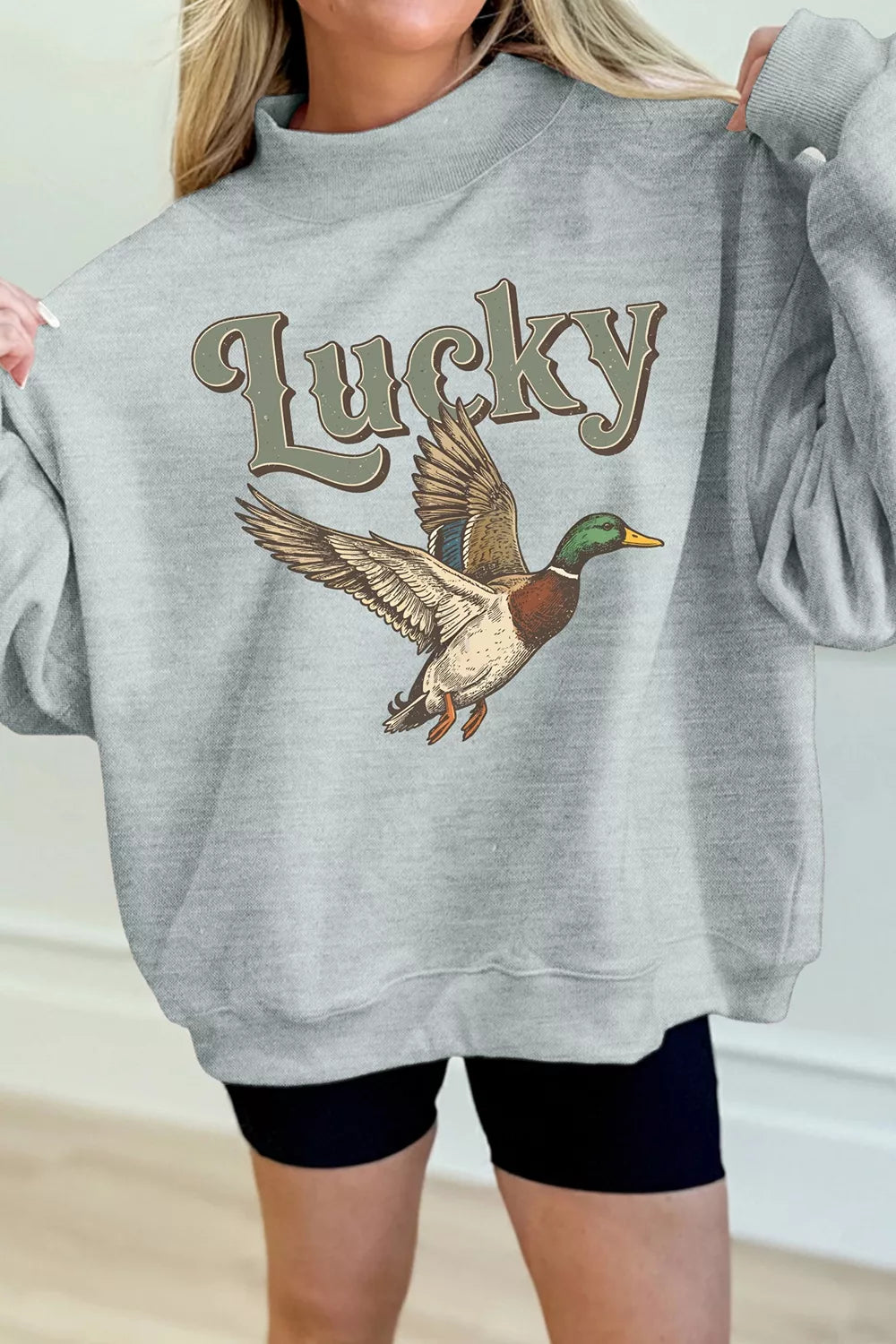 Lucky Mallard Graphic Mock Neck Casual Sweatshirt