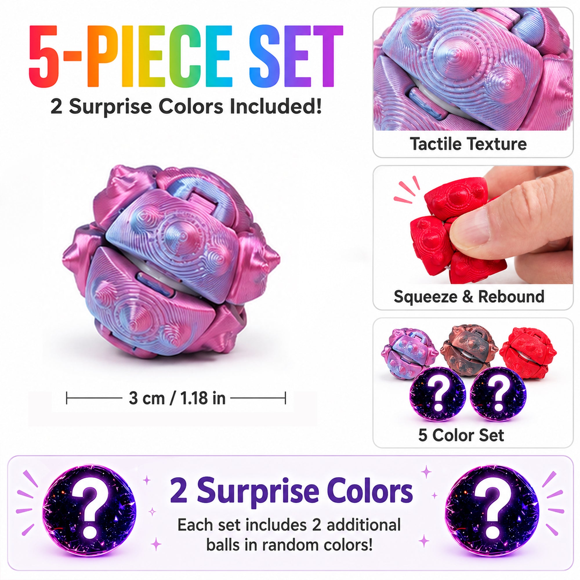 5 Pack Mini Articulated Fidget Spheres, 3CM 3D Printed Textured Squeeze Balls With 2 Mystery Colors, Handheld Sensory Desk Accessories