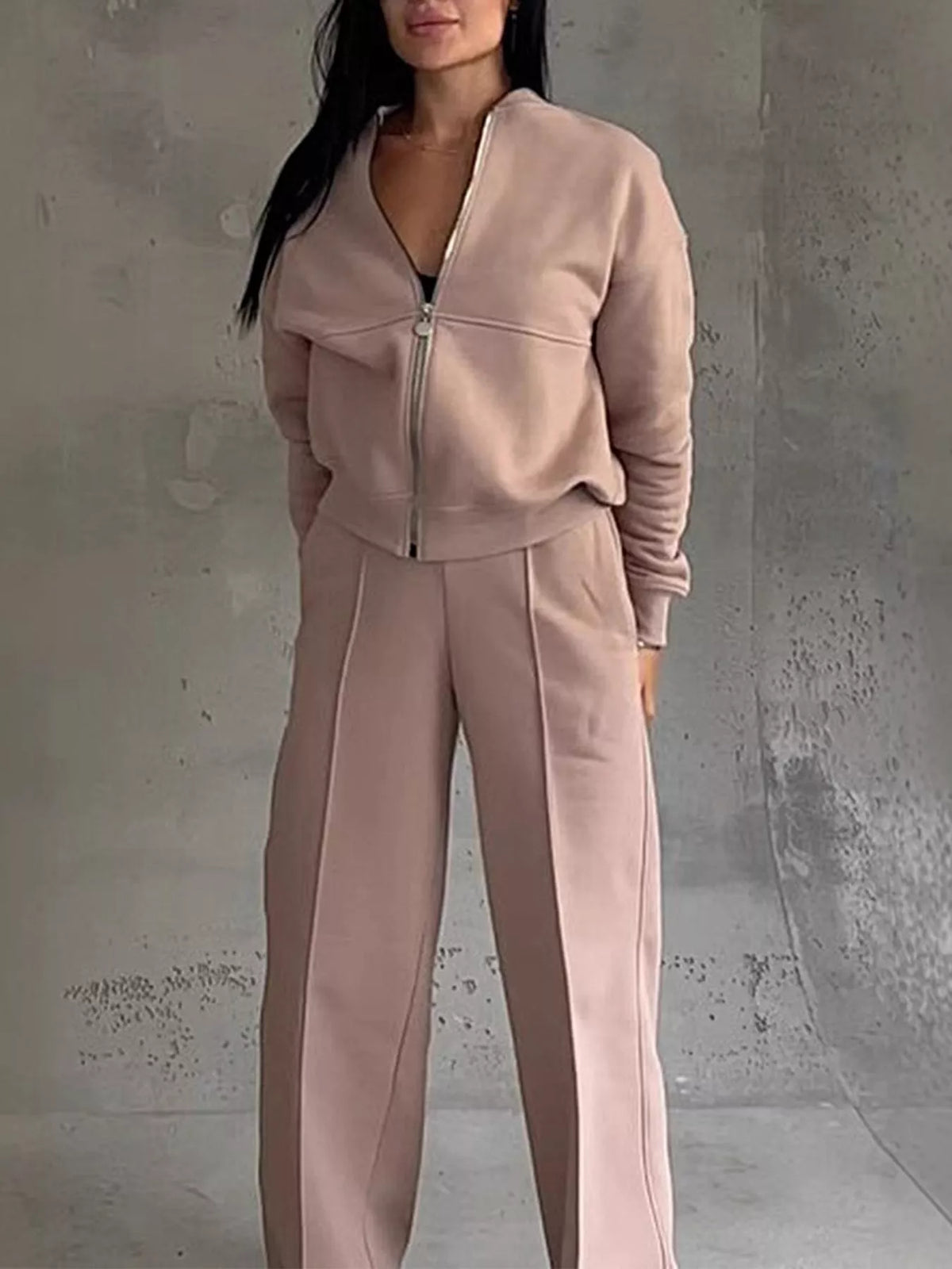 Casual Zip-Up Jacket and Wide-Leg Sweatpants Set