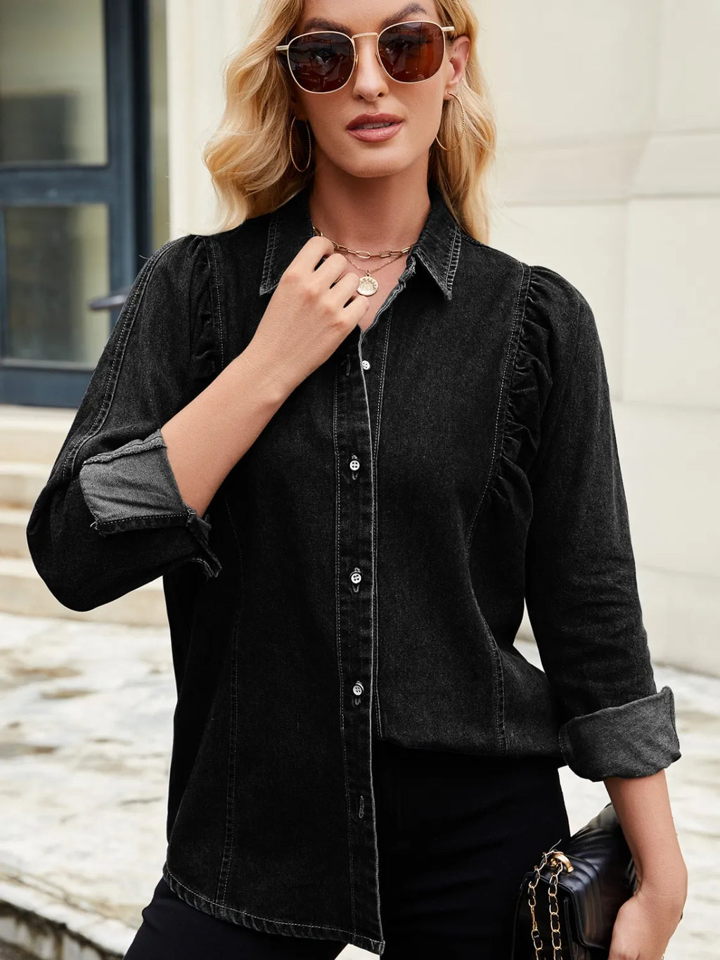 Button Down Collared Neck Denim Shirt