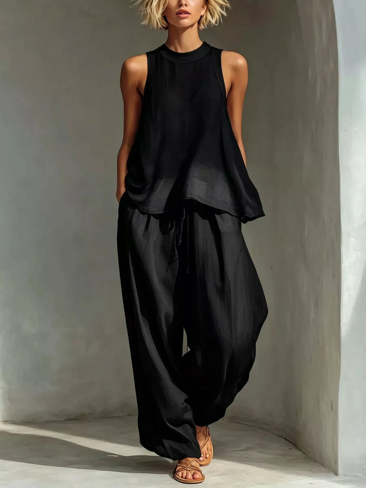 Full Size Sheer Sleeveless Top and Wide-Leg Pants Set Plus Size