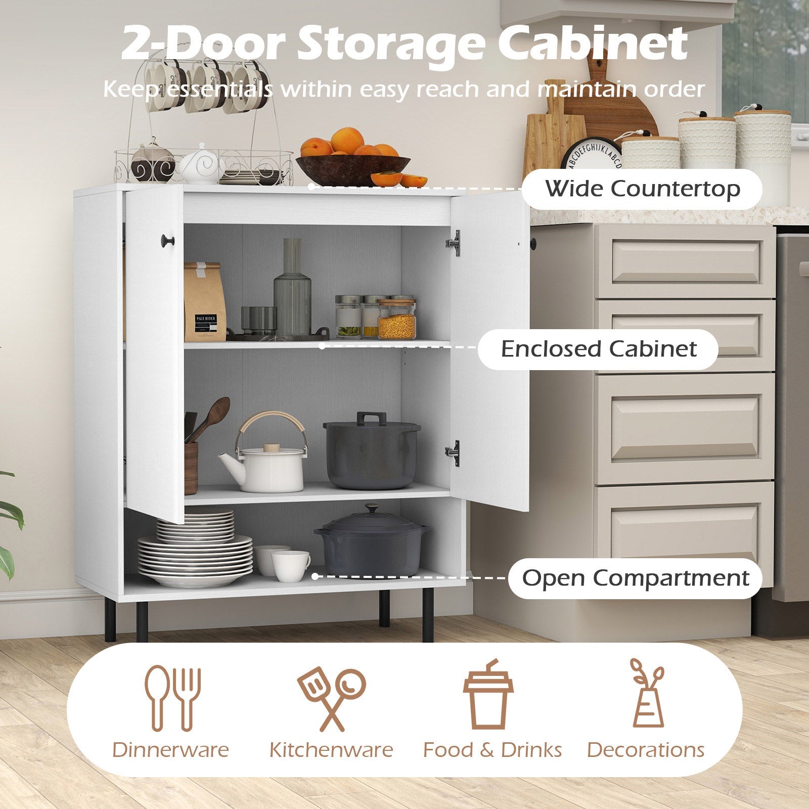 2-Door Sideboard Buffet Cabinet Kitchen with Adjustable Shelf-White