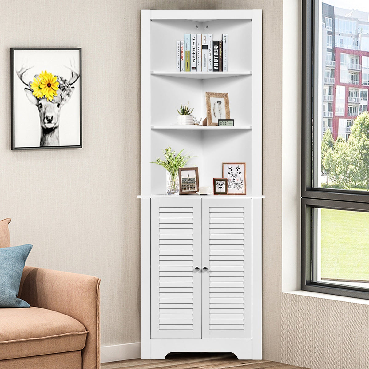 Free Standing Tall Bathroom Corner Storage Cabinet with 3 Shelves