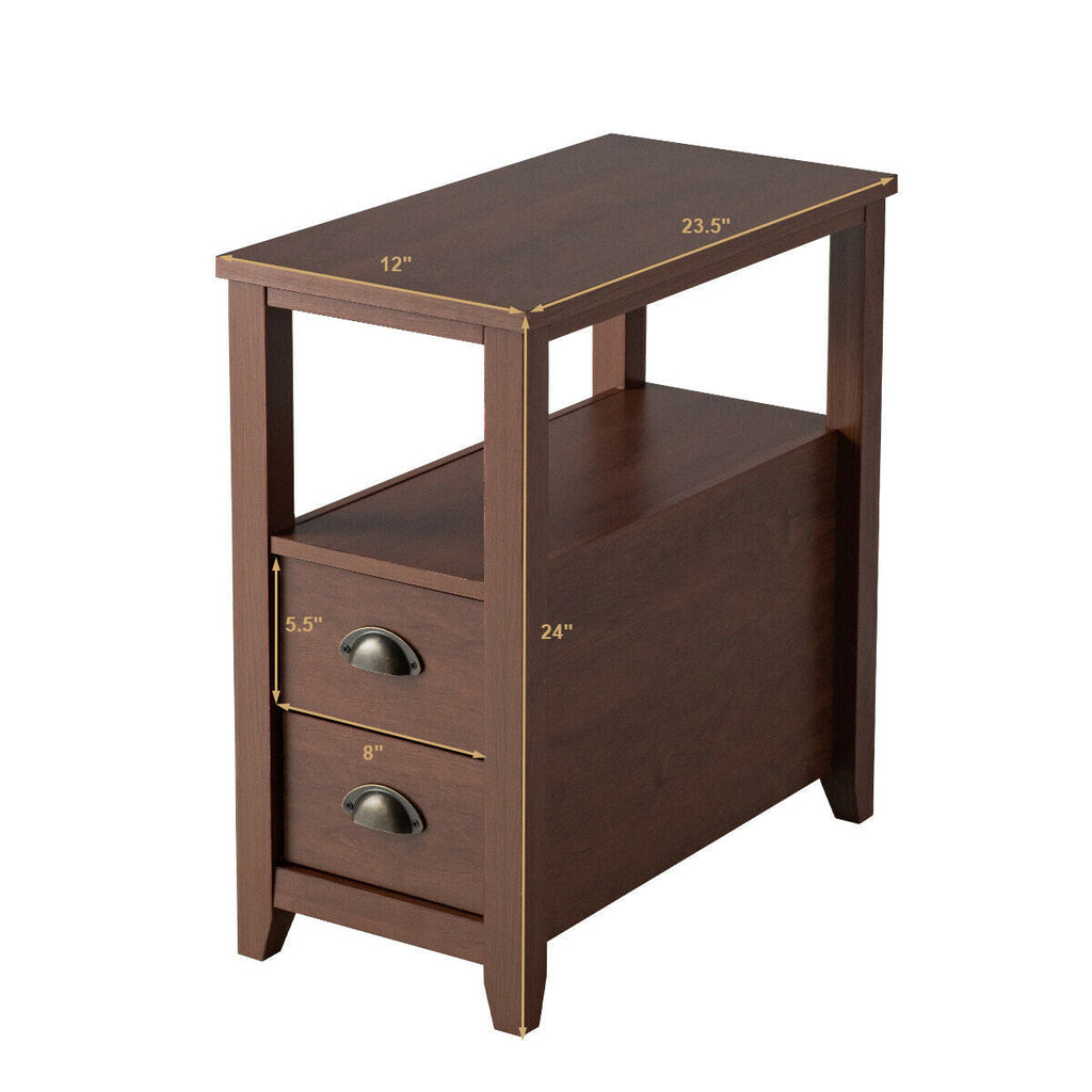 End Table Wooden with 2 Drawers and Shelf Bedside Table