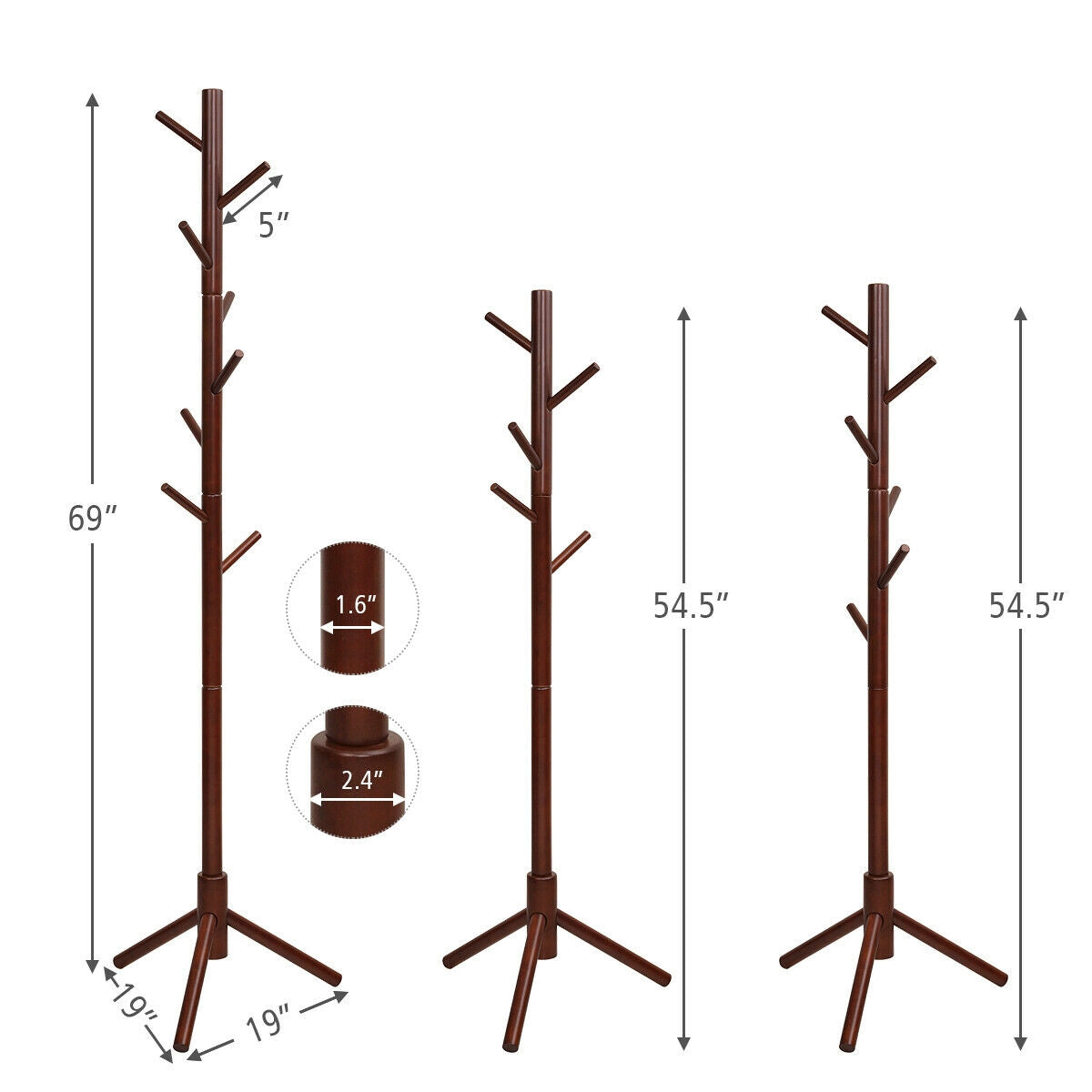 2 Heights Wooden Coat Rack with 8 Hooks