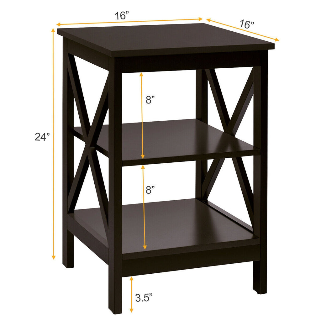 3-Tier Nightstand End Table with X Design Storage
