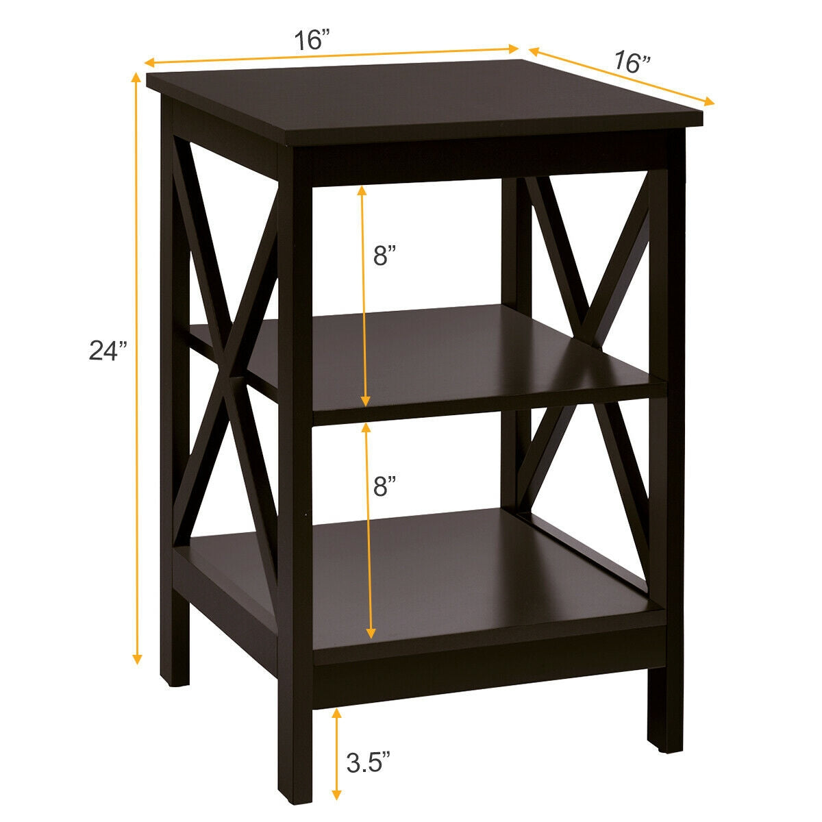 3-Tier Nightstand End Table with X Design Storage