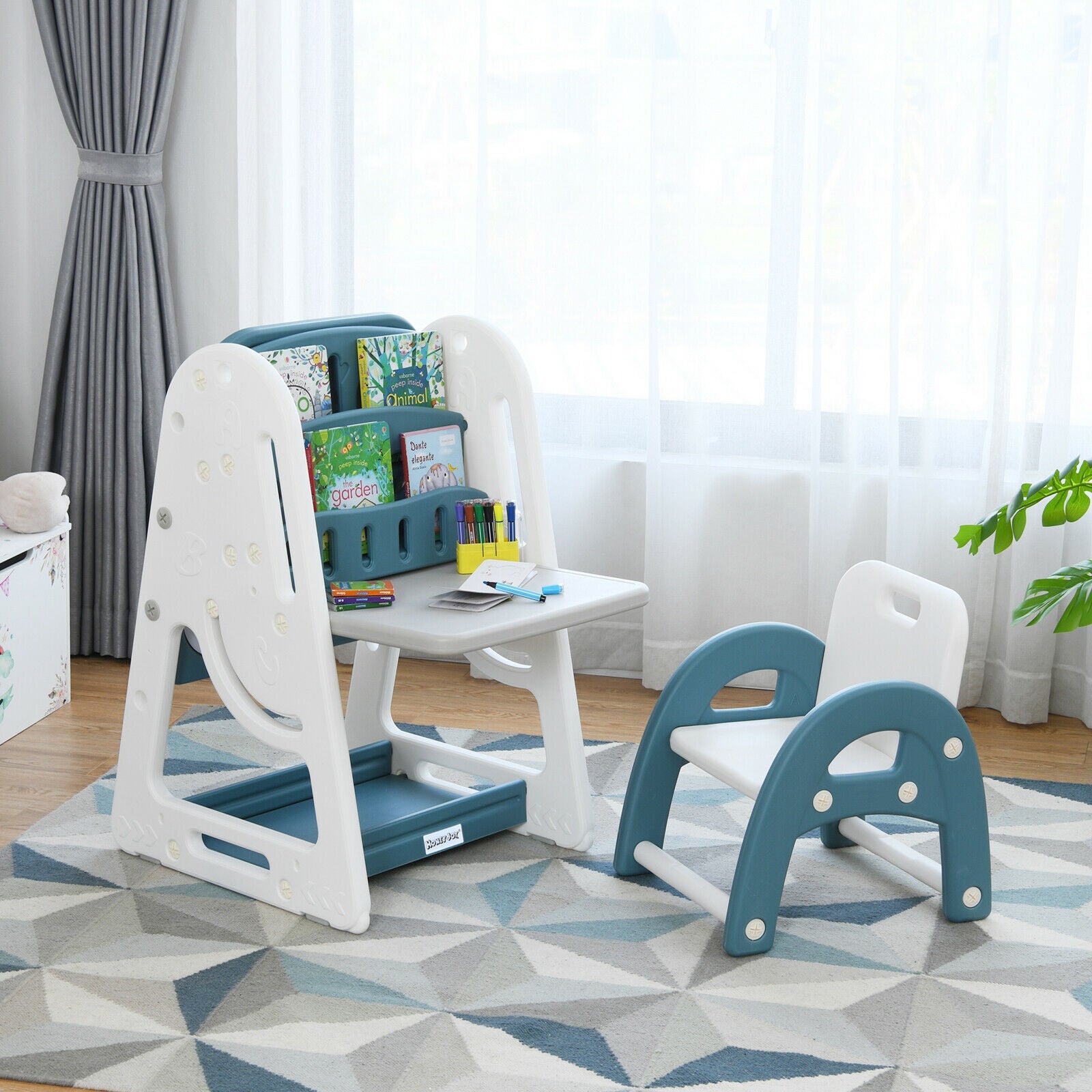 2-in-1 Kids Easel Desk Chair Set Book Rack Adjustable Art Painting Board