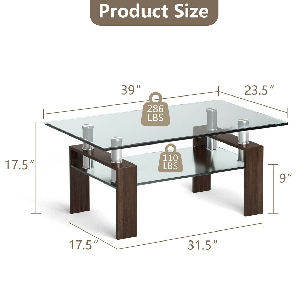 Rectangle Glass Coffee Table with Metal Legs for Living Room