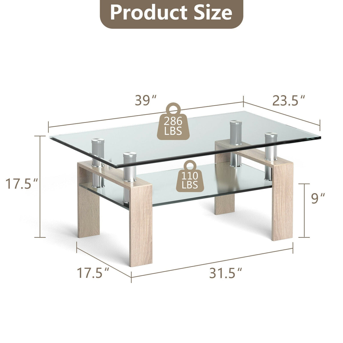 Rectangle Glass Coffee Table with Metal Legs for Living Room