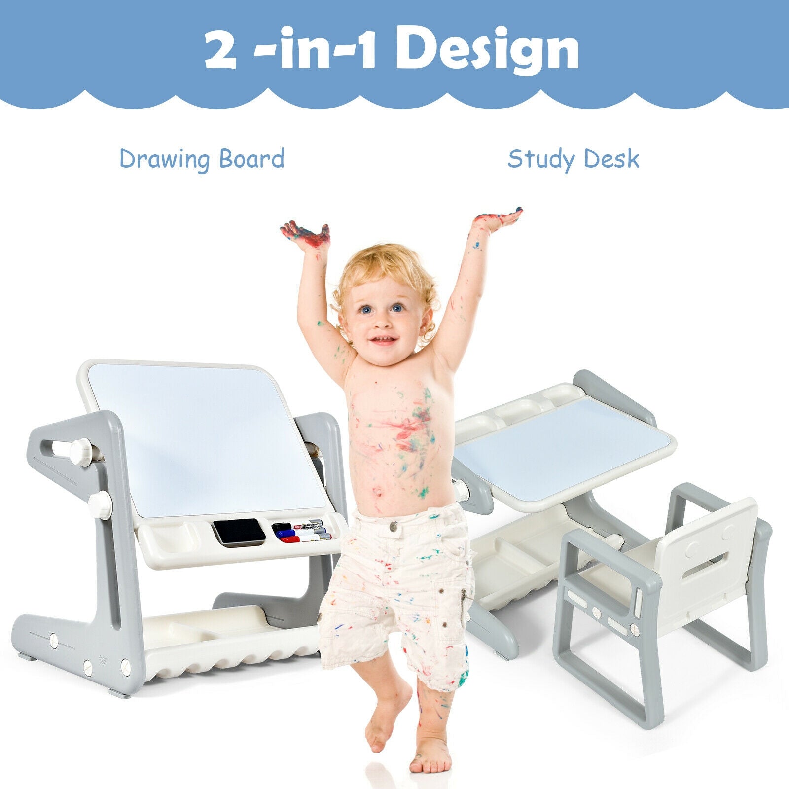 2 in 1 Kids Easel Table and Chair Set with Adjustable Art Painting Board