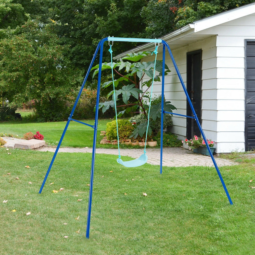 Outdoor Kids Swing Set with Heavy-Duty Metal A-Frame and Ground Stakes